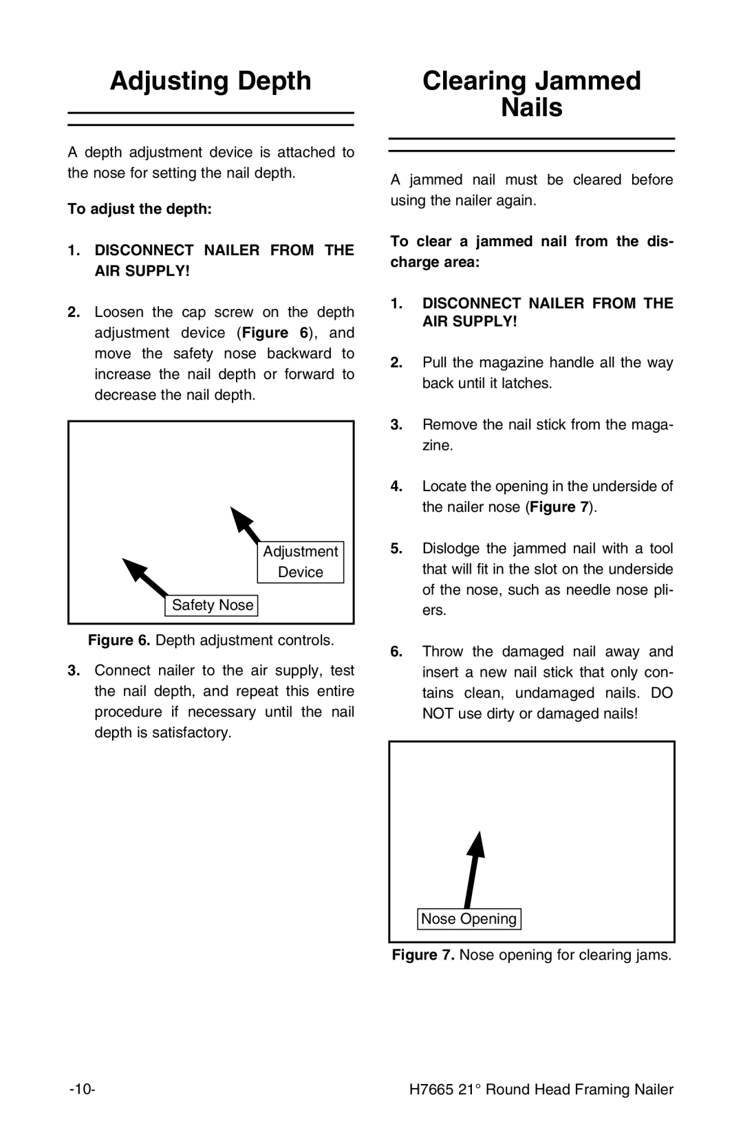 Grizzly H7665 instruction manual Adjusting Depth, Clearing Jammed Nails 