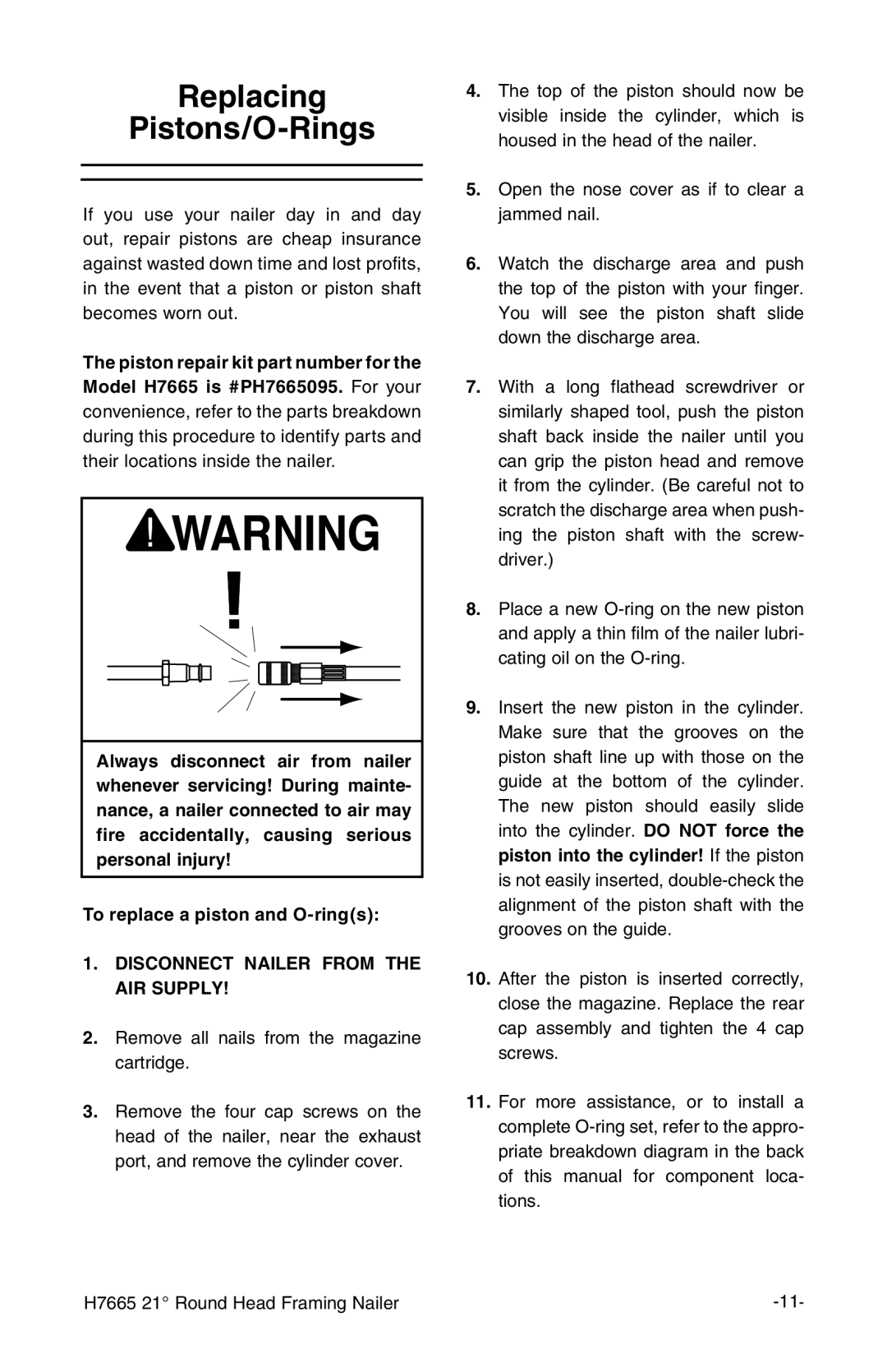 Grizzly H7665 instruction manual Replacing Pistons/O-Rings 