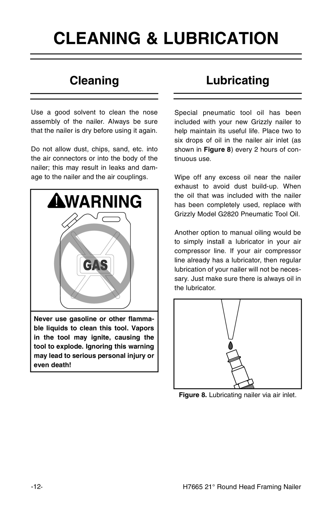 Grizzly H7665 instruction manual Cleaning & Lubrication, CleaningLubricating 