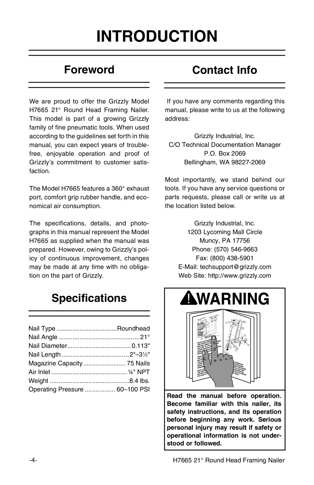 Grizzly H7665 instruction manual Introduction, Foreword Contact Info, Specifications 