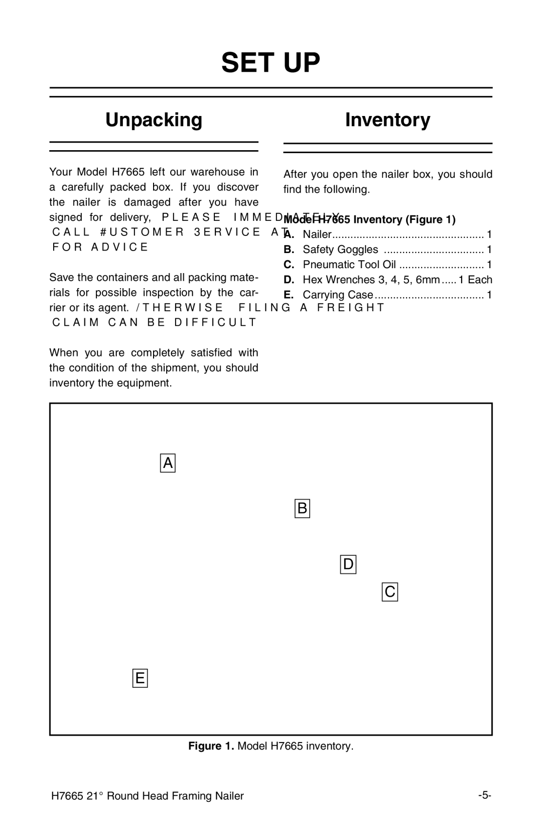 Grizzly H7665 instruction manual Set Up, UnpackingInventory 