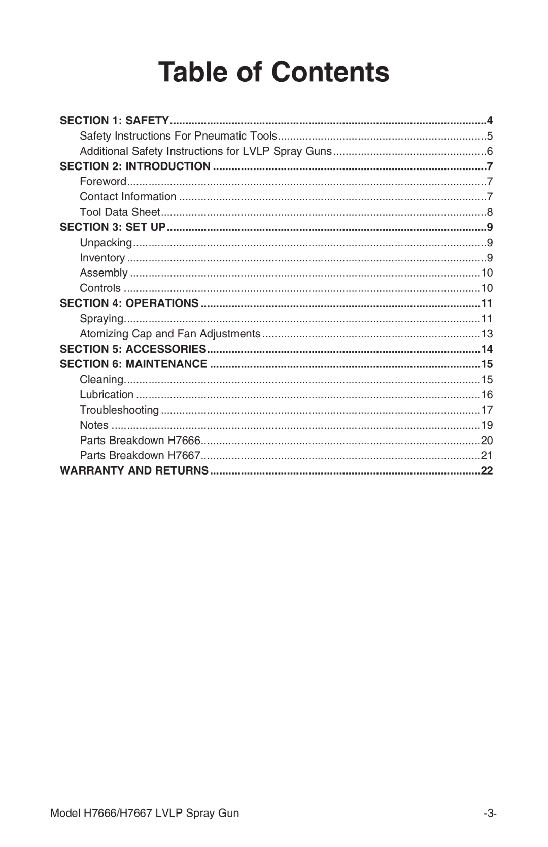 Grizzly H7667, H7666 instruction manual Table of Contents 