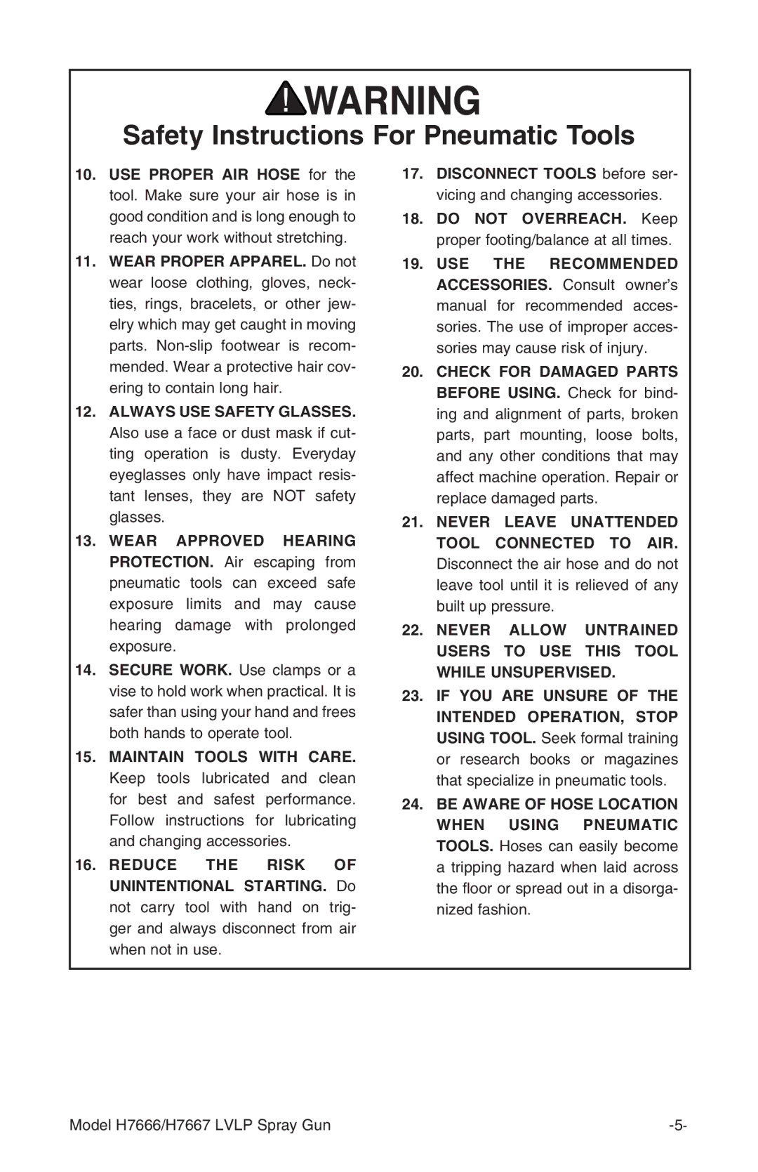 Grizzly H7667, H7666 instruction manual Safety Instructions For Pneumatic Tools 