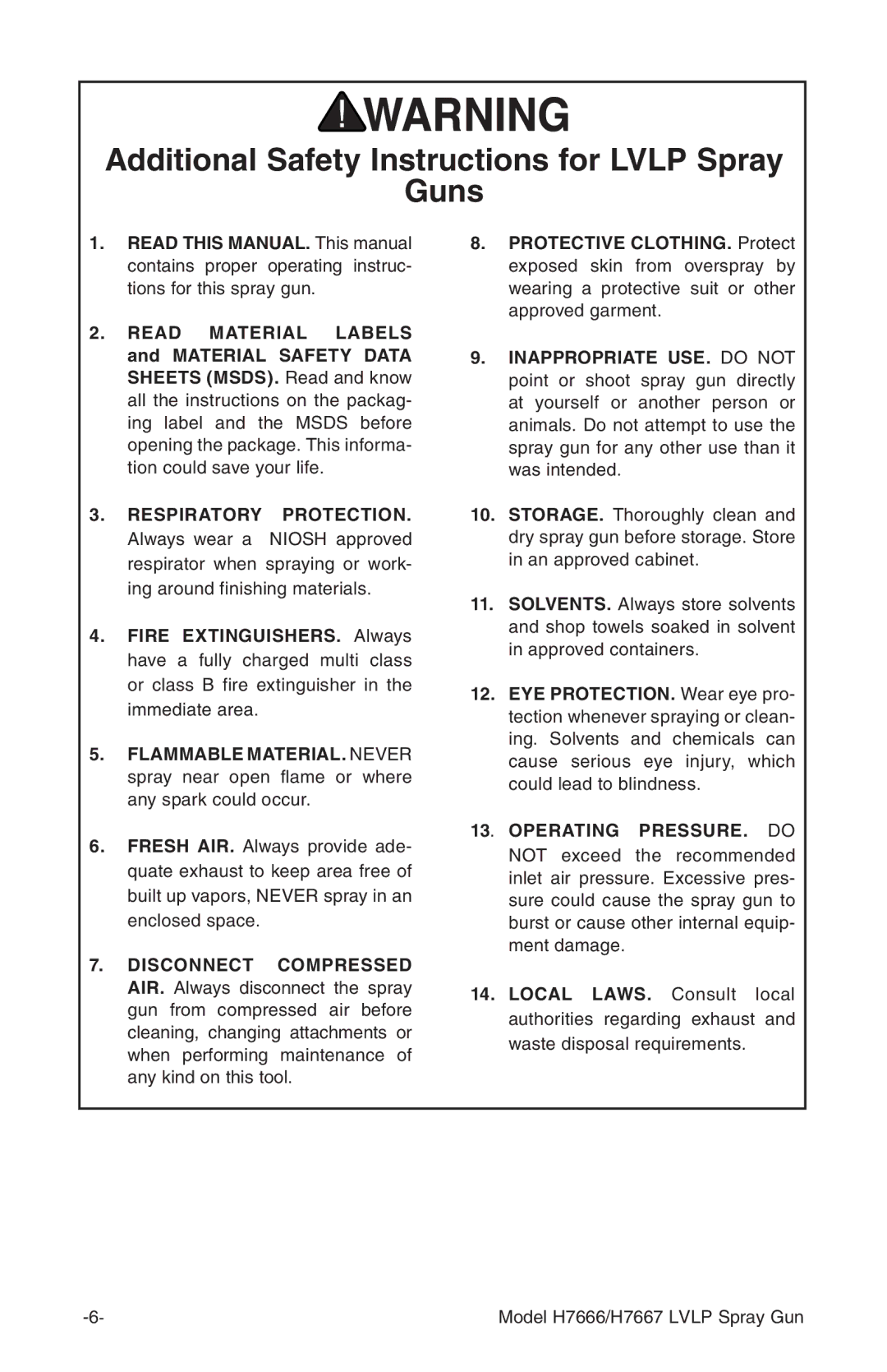 Grizzly H7666/H7667 instruction manual Additional Safety Instructions for Lvlp Spray Guns, Operating PRESSURE. do 