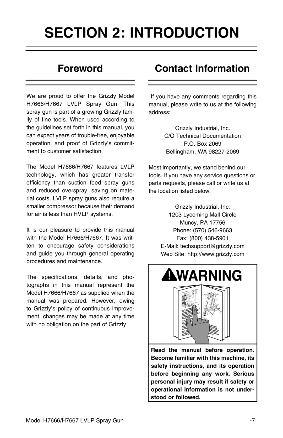 Grizzly H7666/H7667 instruction manual Introduction, Foreword Contact Information 