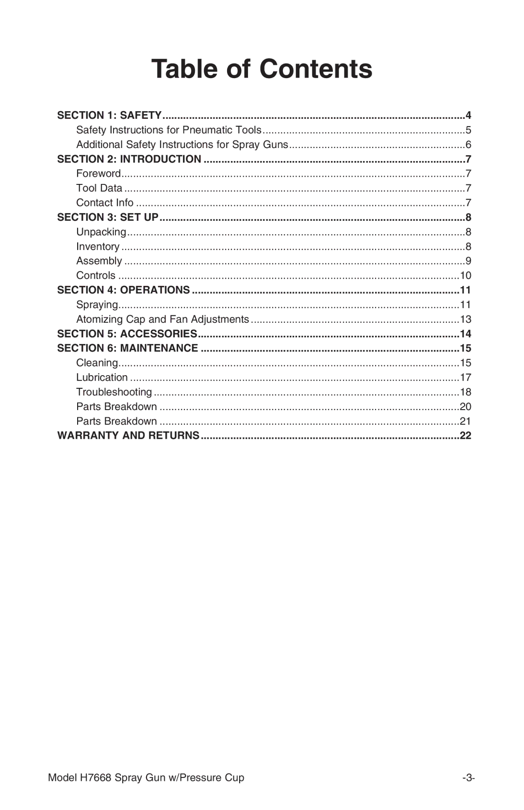 Grizzly H7668 instruction manual Table of Contents 