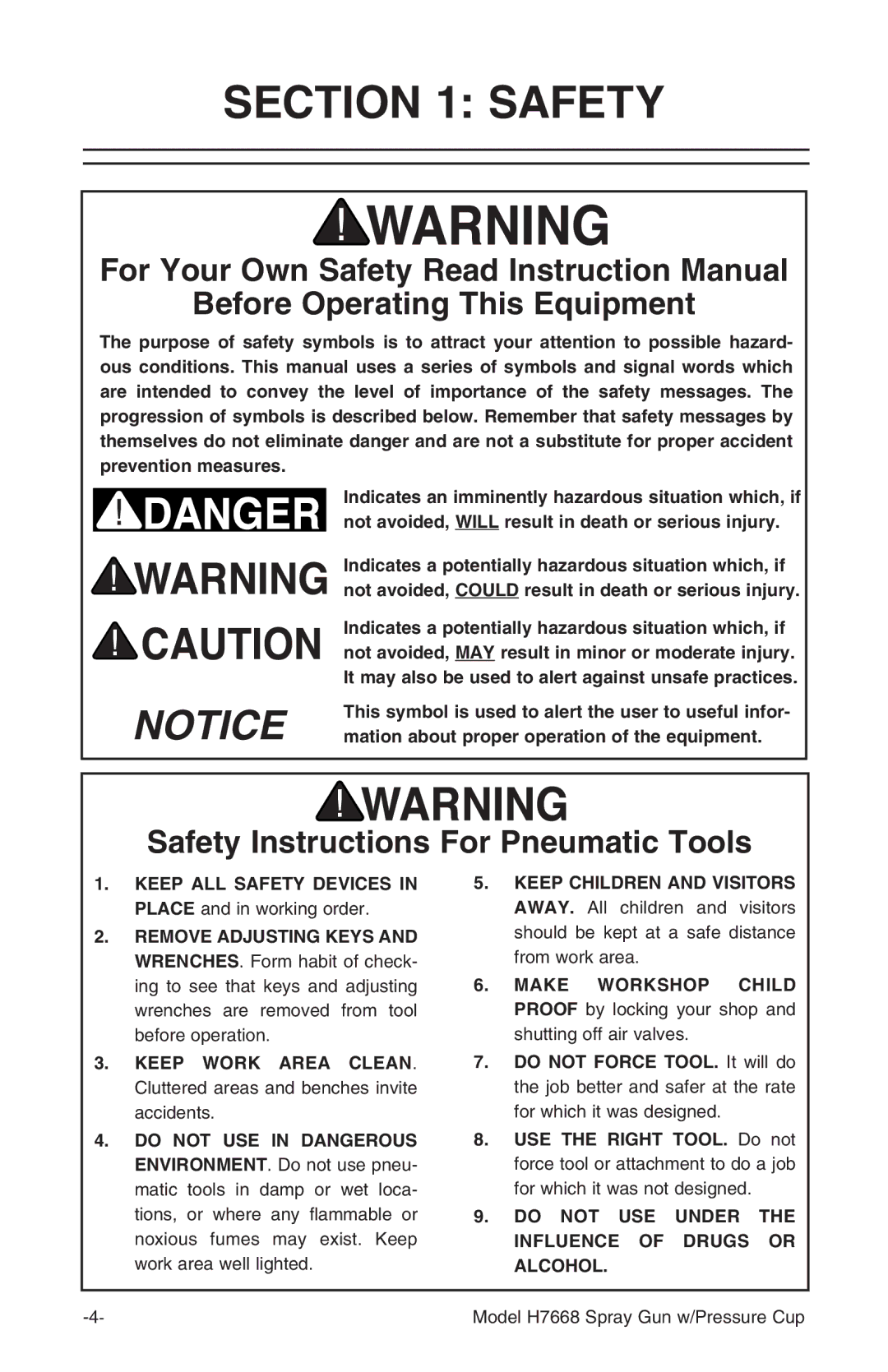 Grizzly H7668 instruction manual Before Operating This Equipment, Safety Instructions For Pneumatic Tools 