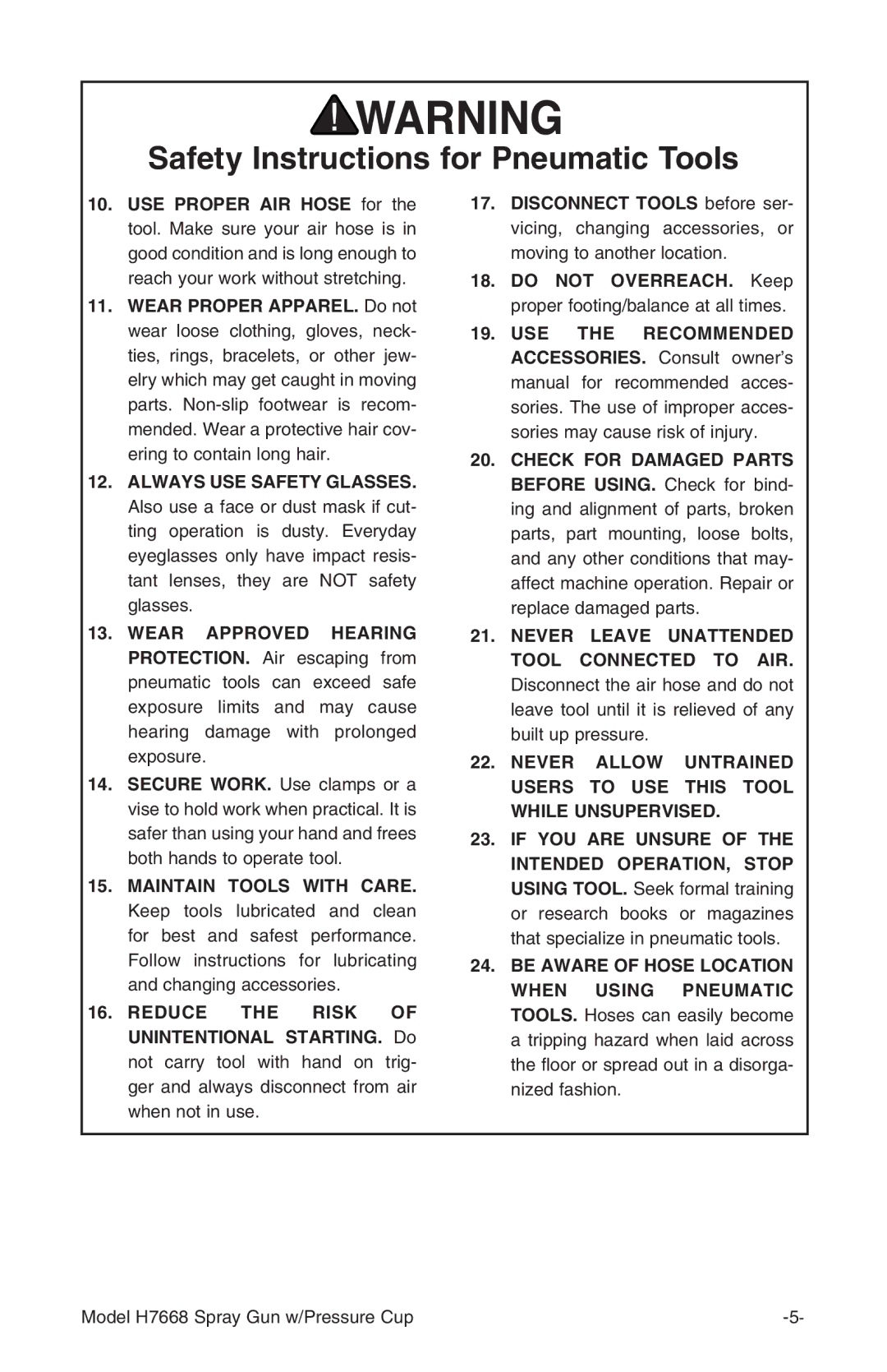 Grizzly H7668 instruction manual Safety Instructions for Pneumatic Tools 