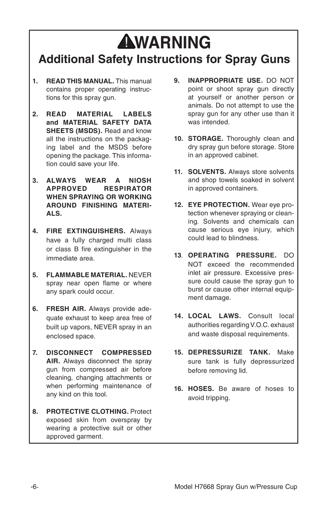 Grizzly H7668 instruction manual Additional Safety Instructions for Spray Guns, Operating PRESSURE. do 