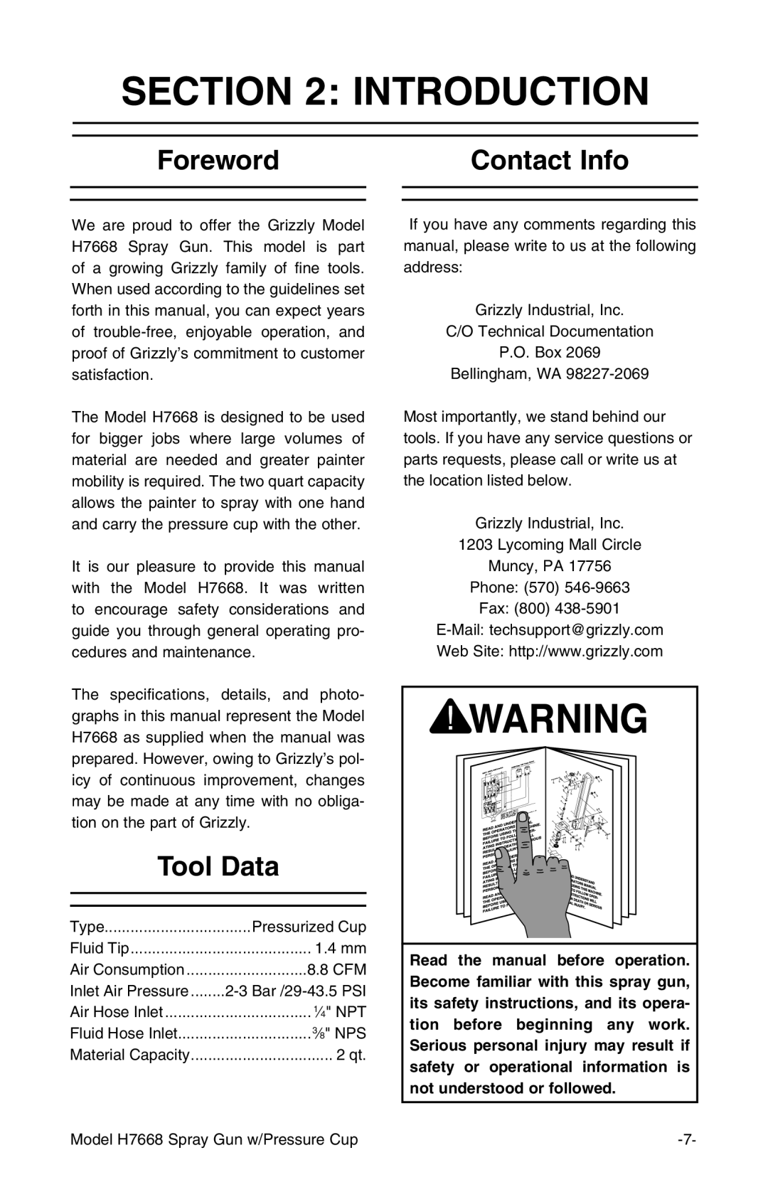 Grizzly H7668 instruction manual Introduction, Foreword Contact Info, Tool Data 