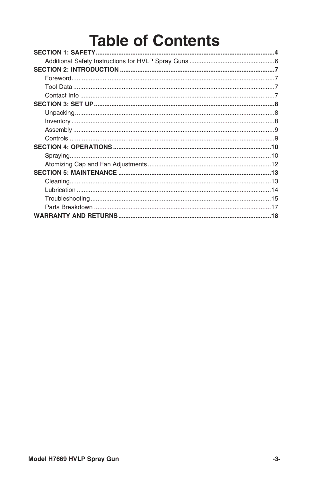 Grizzly H7669 instruction manual Table of Contents 