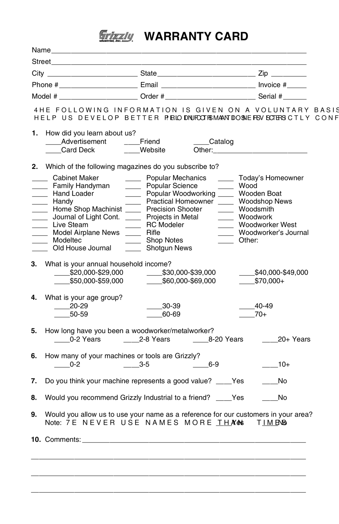 Grizzly H7669 instruction manual Warranty Card 