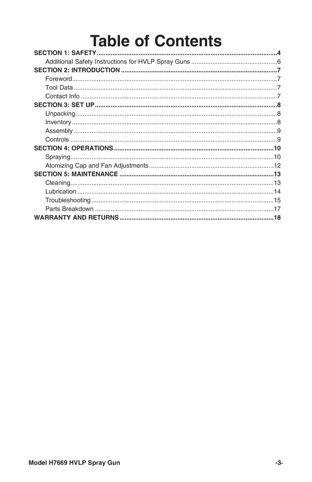 Grizzly H7669 instruction manual Table of Contents 