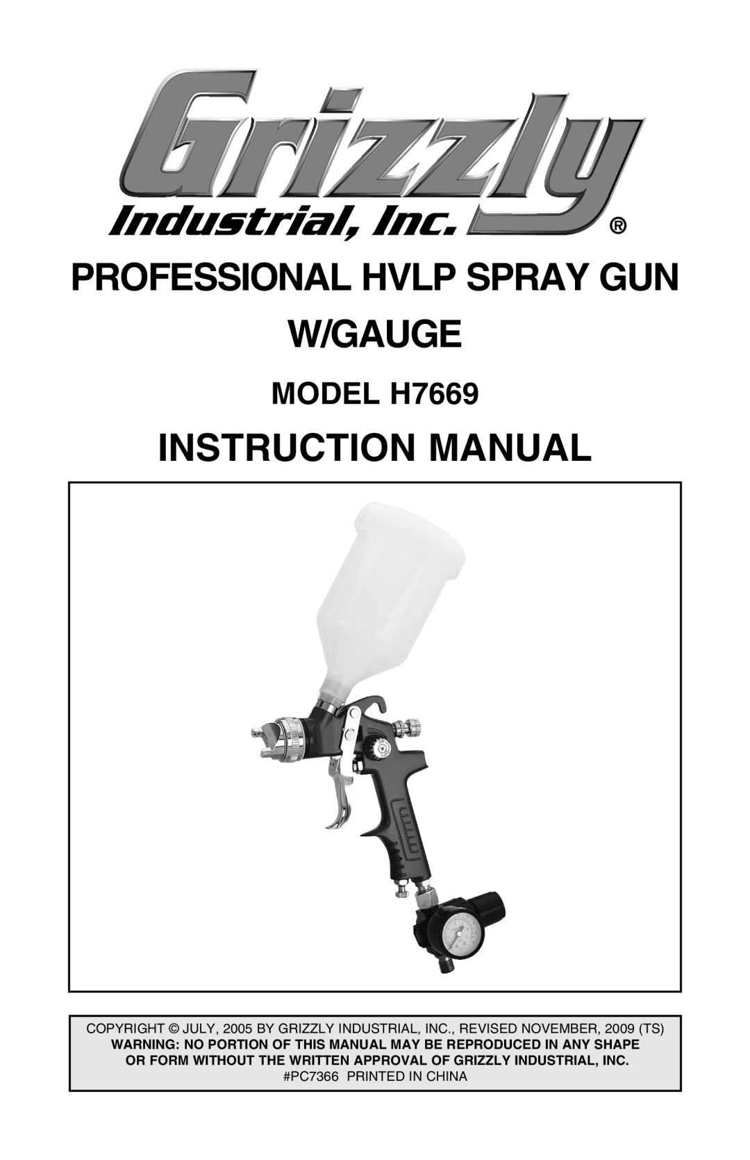 Grizzly instruction manual Professional Hvlp Spray Gun, W/Gauge, MODEL H7669 