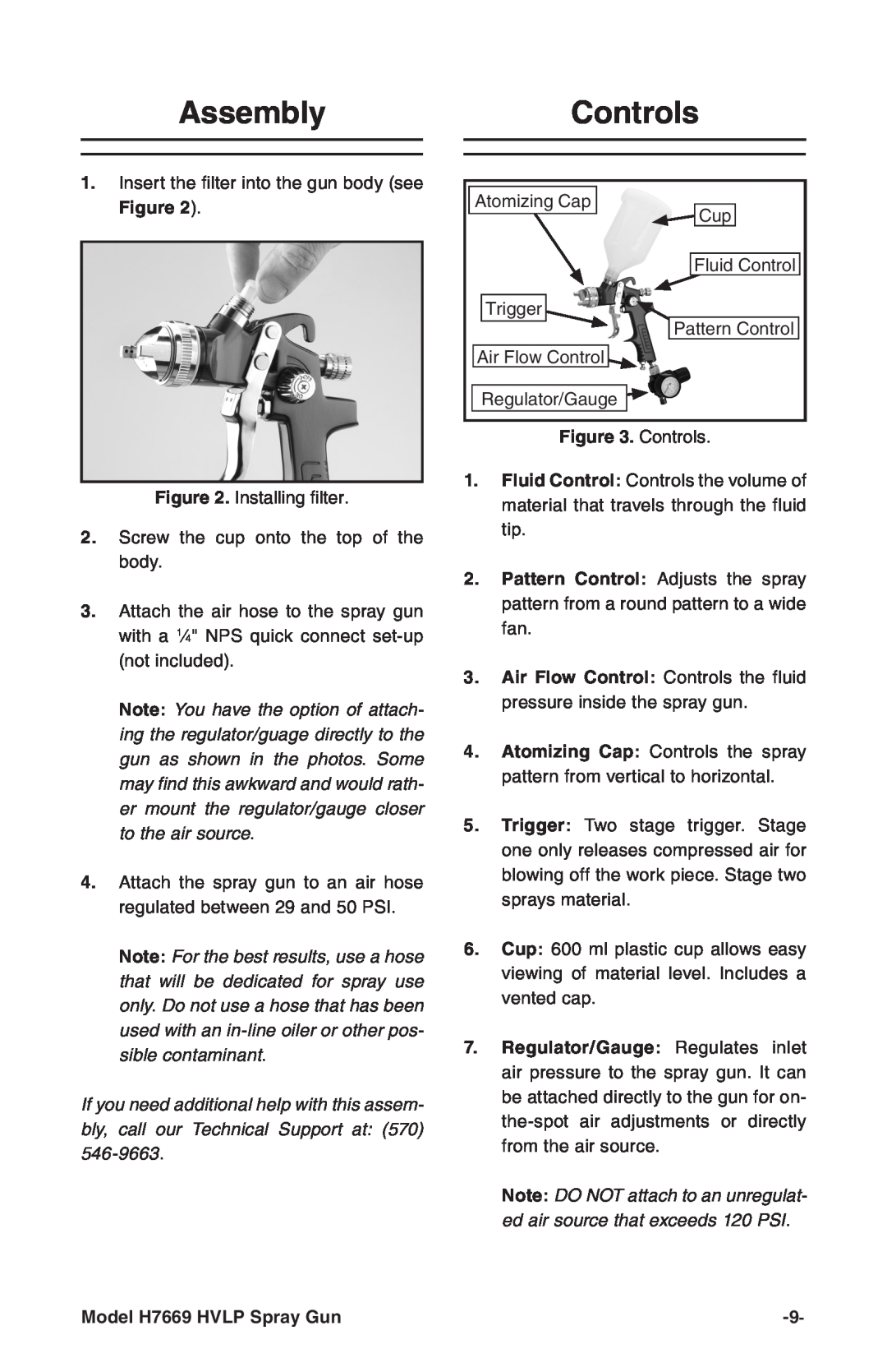 Grizzly instruction manual AssemblyControls, Model H7669 HVLP Spray Gun 