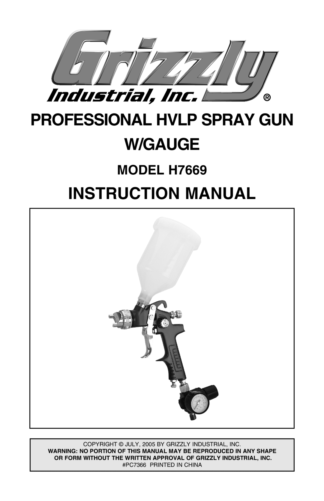 Grizzly instruction manual Professional Hvlp Spray Gun, W/Gauge, MODEL H7669 
