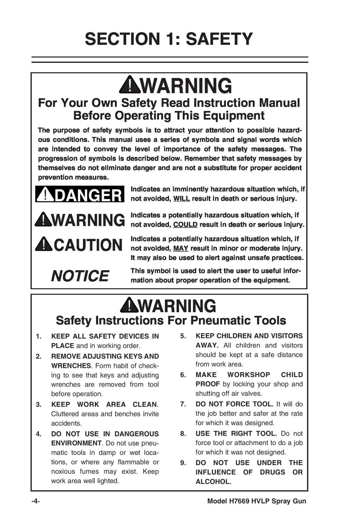 Grizzly H7669 instruction manual Before Operating This Equipment, Safety Instructions For Pneumatic Tools 