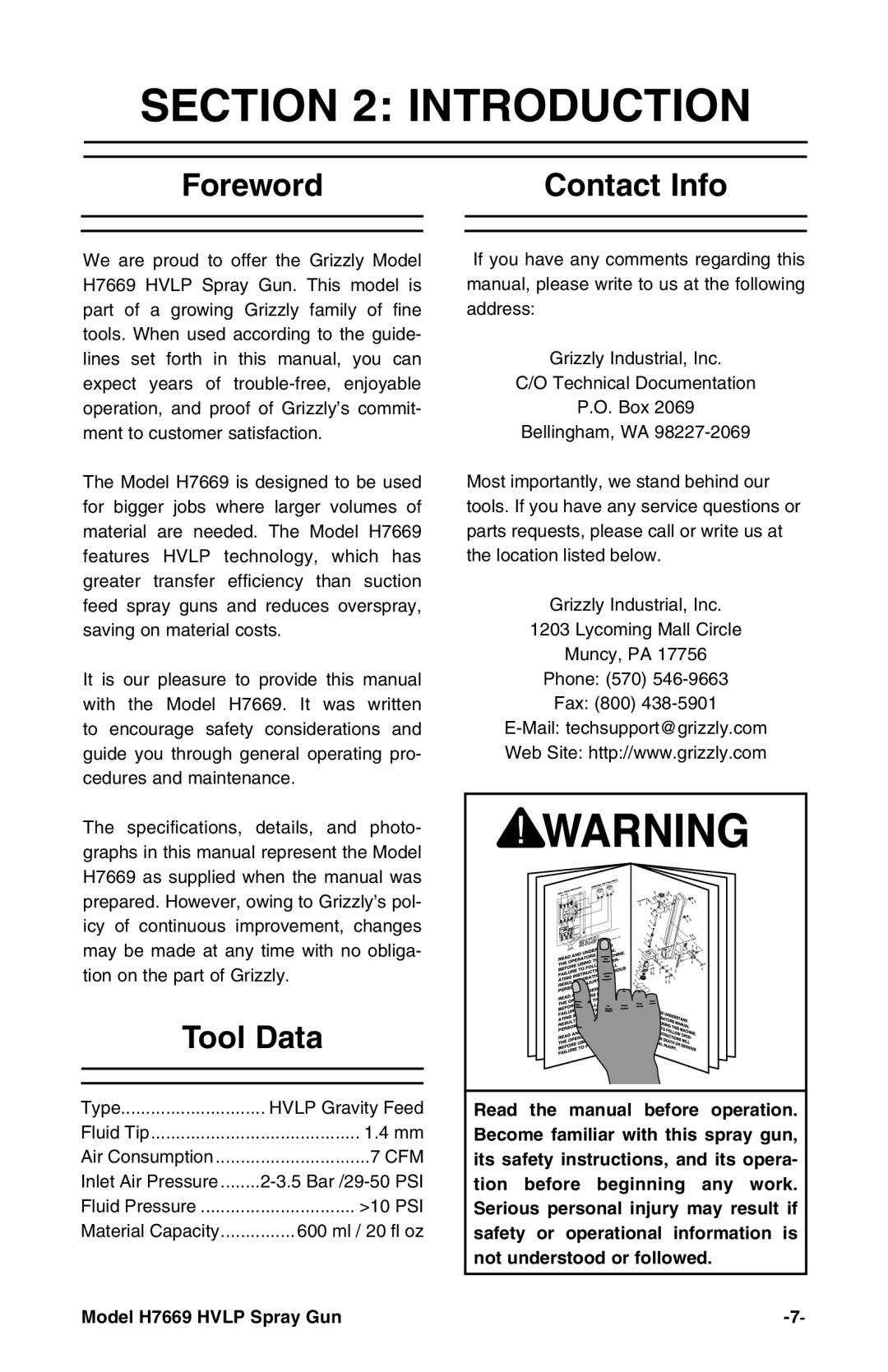 Grizzly H7669 instruction manual Introduction, Foreword, Contact Info, Tool Data 