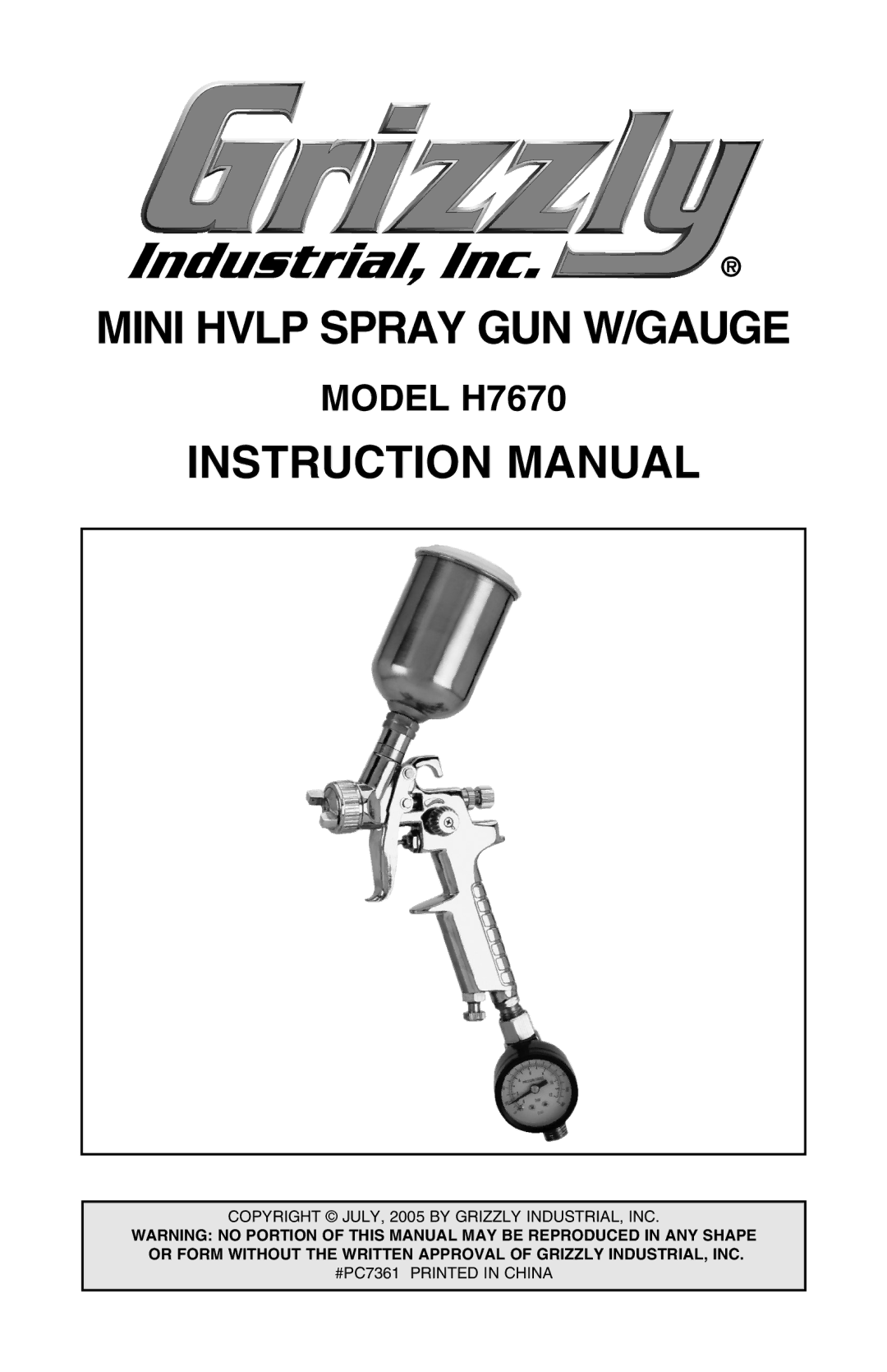 Grizzly H7670 instruction manual Mini Hvlp Spray GUN W/GAUGE 