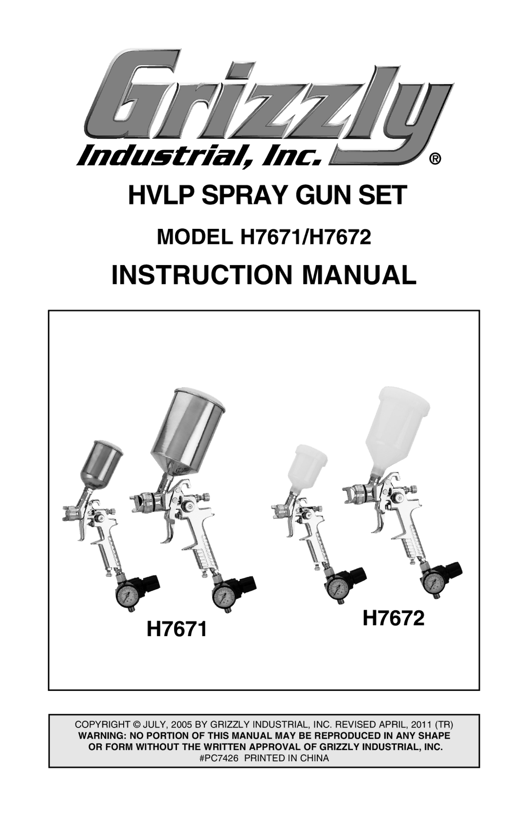 Grizzly H7672, H7671 instruction manual Hvlp spray gun Set 