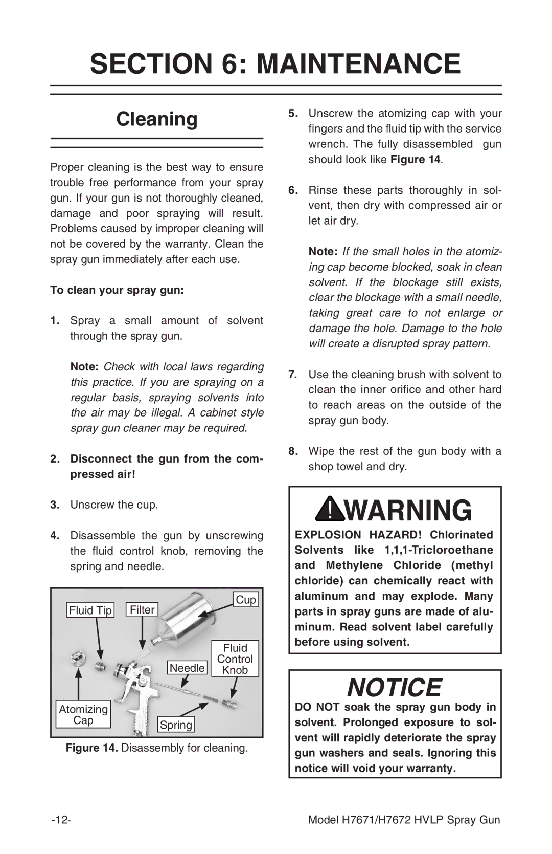 Grizzly H7671, H7672 Maintenance, Cleaning, To clean your spray gun, Disconnect the gun from the com- pressed air 