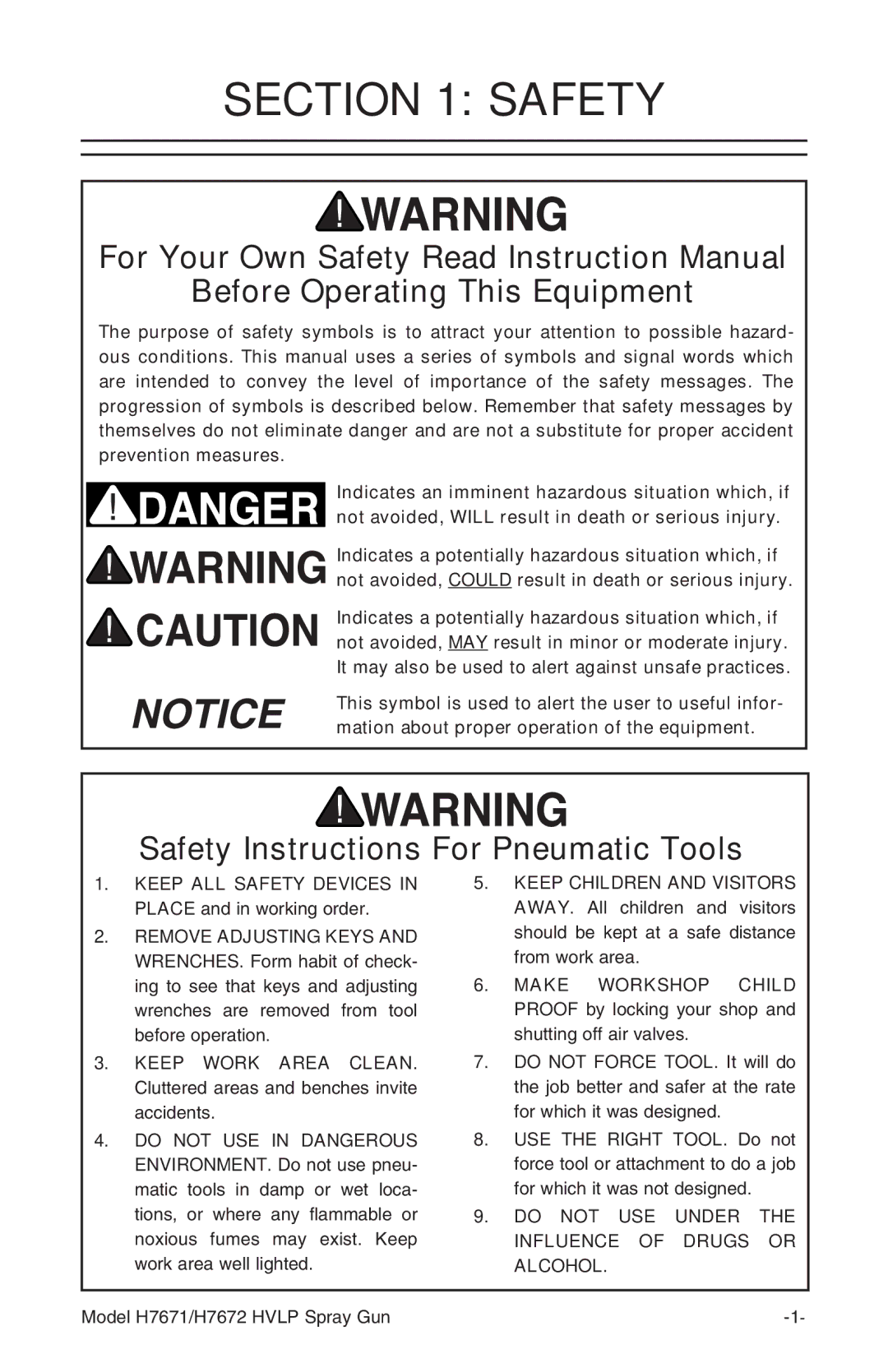 Grizzly H7672, H7671 instruction manual Before Operating This Equipment, Safety Instructions For Pneumatic Tools 