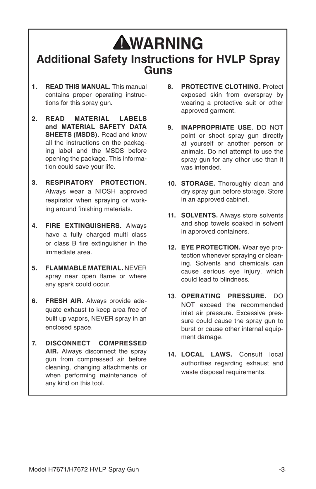 Grizzly H7672, H7671 instruction manual Additional Safety Instructions for Hvlp Spray Guns, Respiratory Protection 