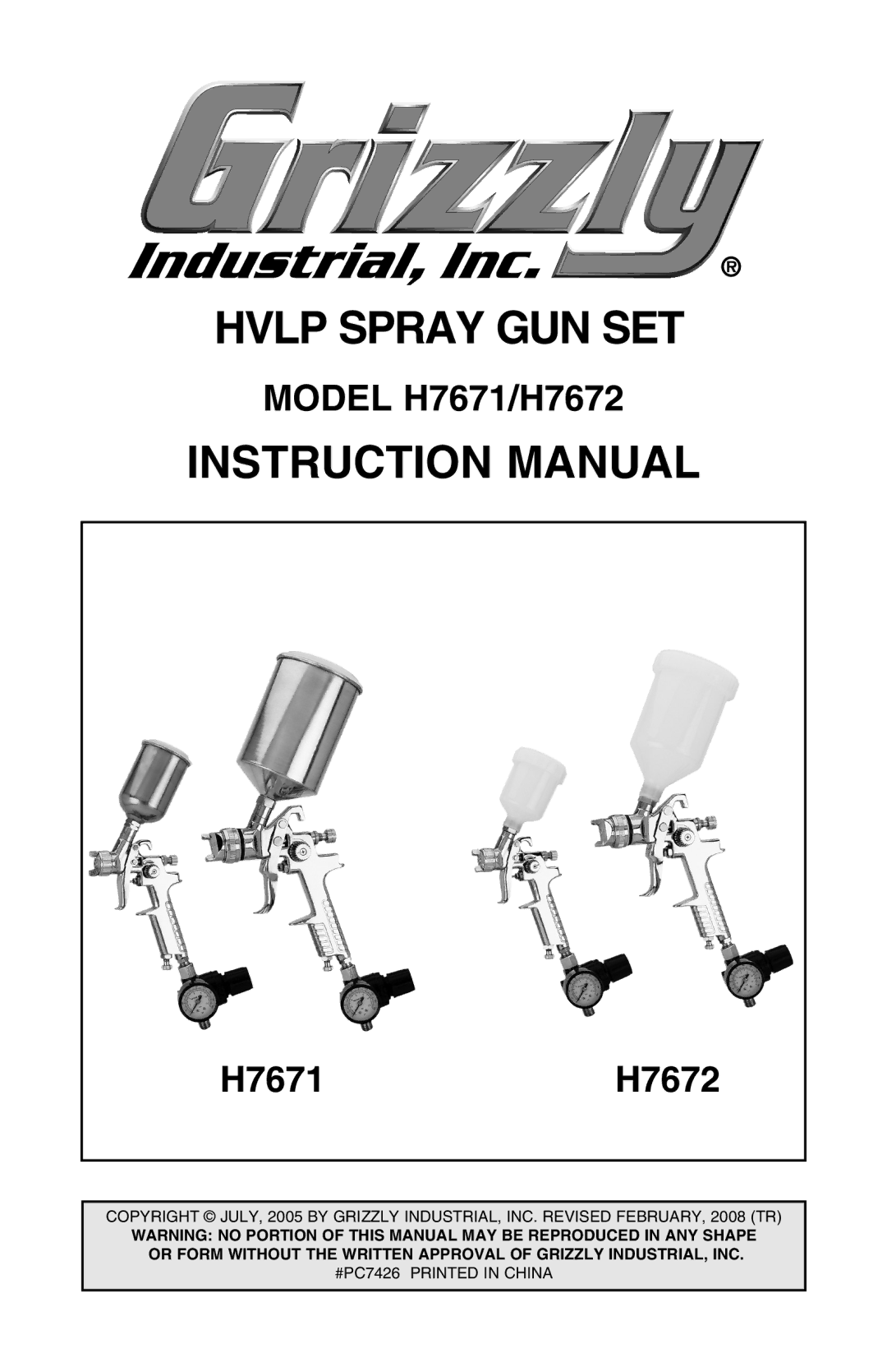 Grizzly H7671 H7672 instruction manual Hvlp Spray GUN SET 