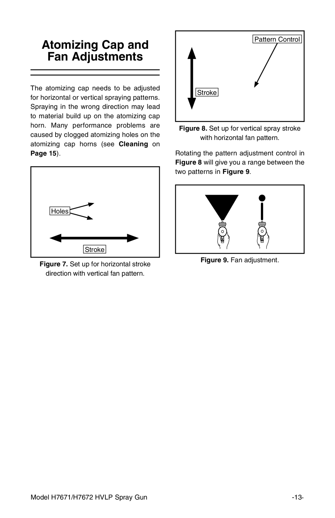 Grizzly H7671 H7672 instruction manual Atomizing Cap Fan Adjustments, Fan adjustment Model H7671/H7672 Hvlp Spray Gun 