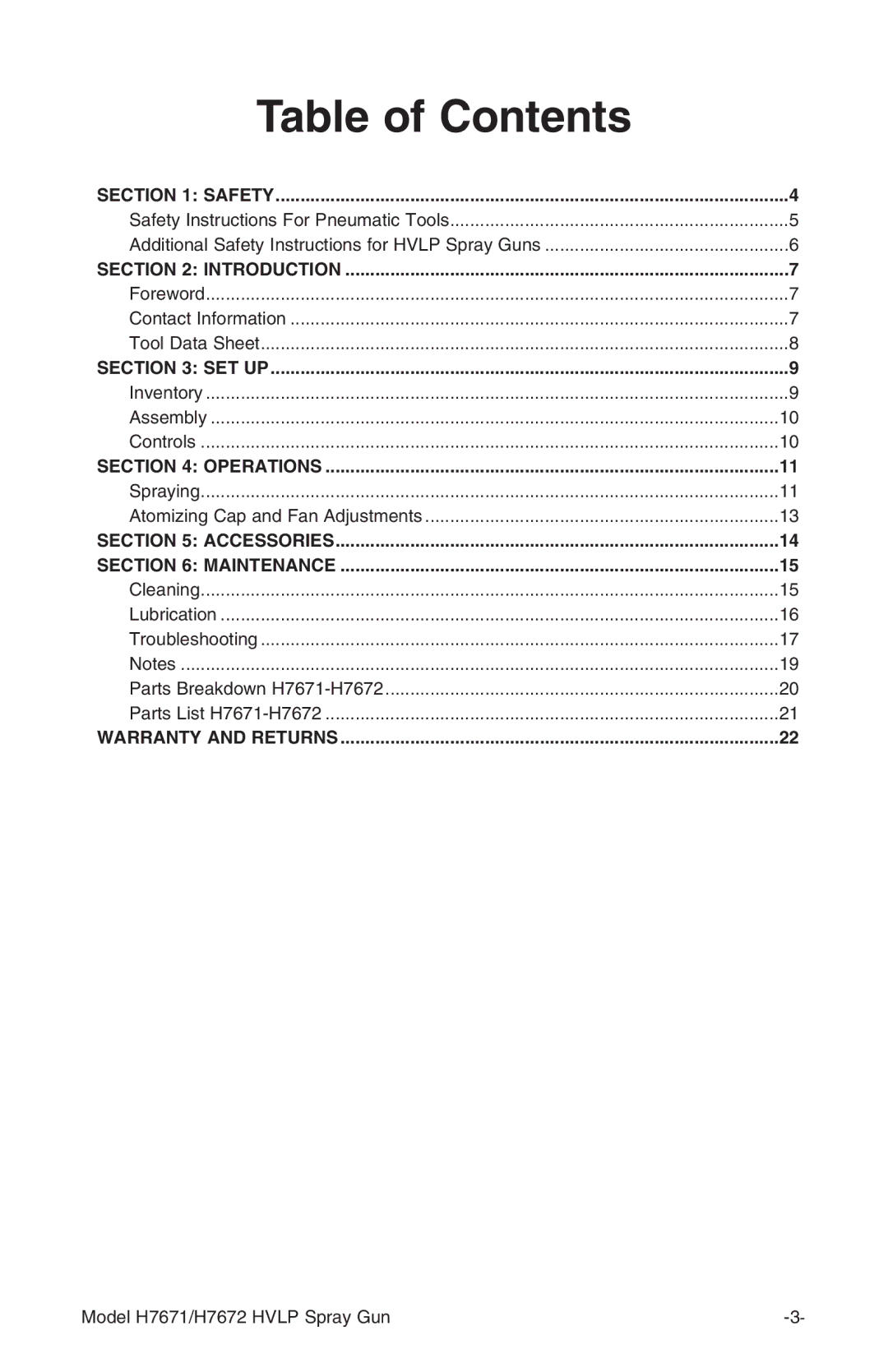 Grizzly H7671 H7672 instruction manual Table of Contents 