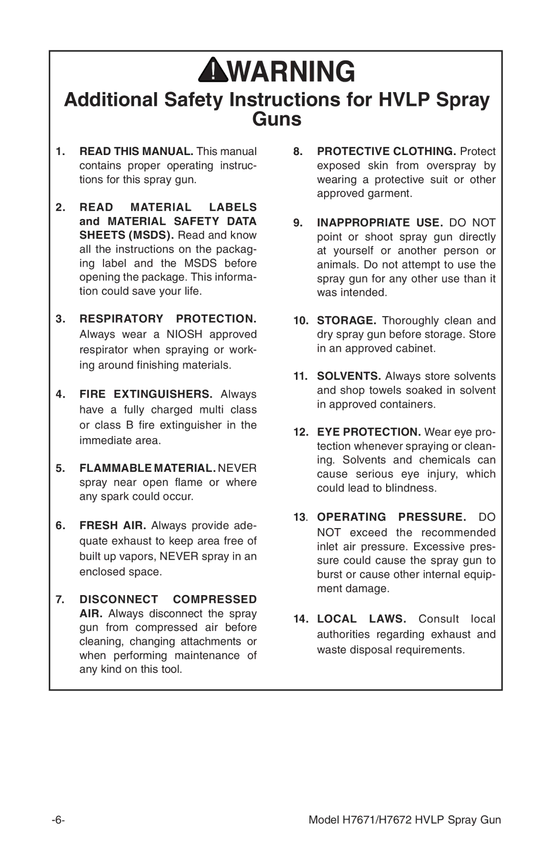 Grizzly H7671 H7672 instruction manual Additional Safety Instructions for Hvlp Spray Guns, Operating PRESSURE. do 