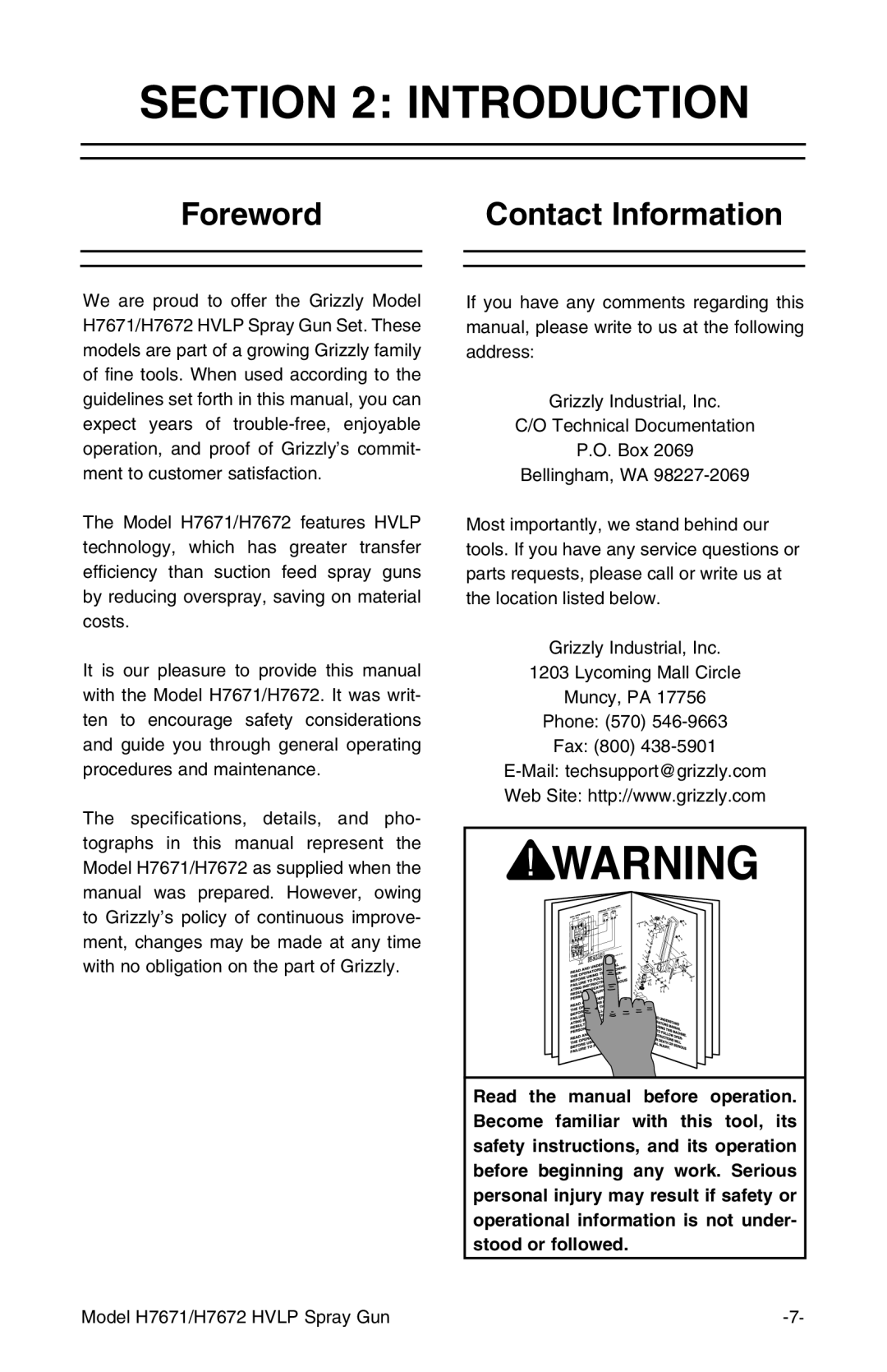 Grizzly H7671 H7672 instruction manual Introduction, Foreword Contact Information 