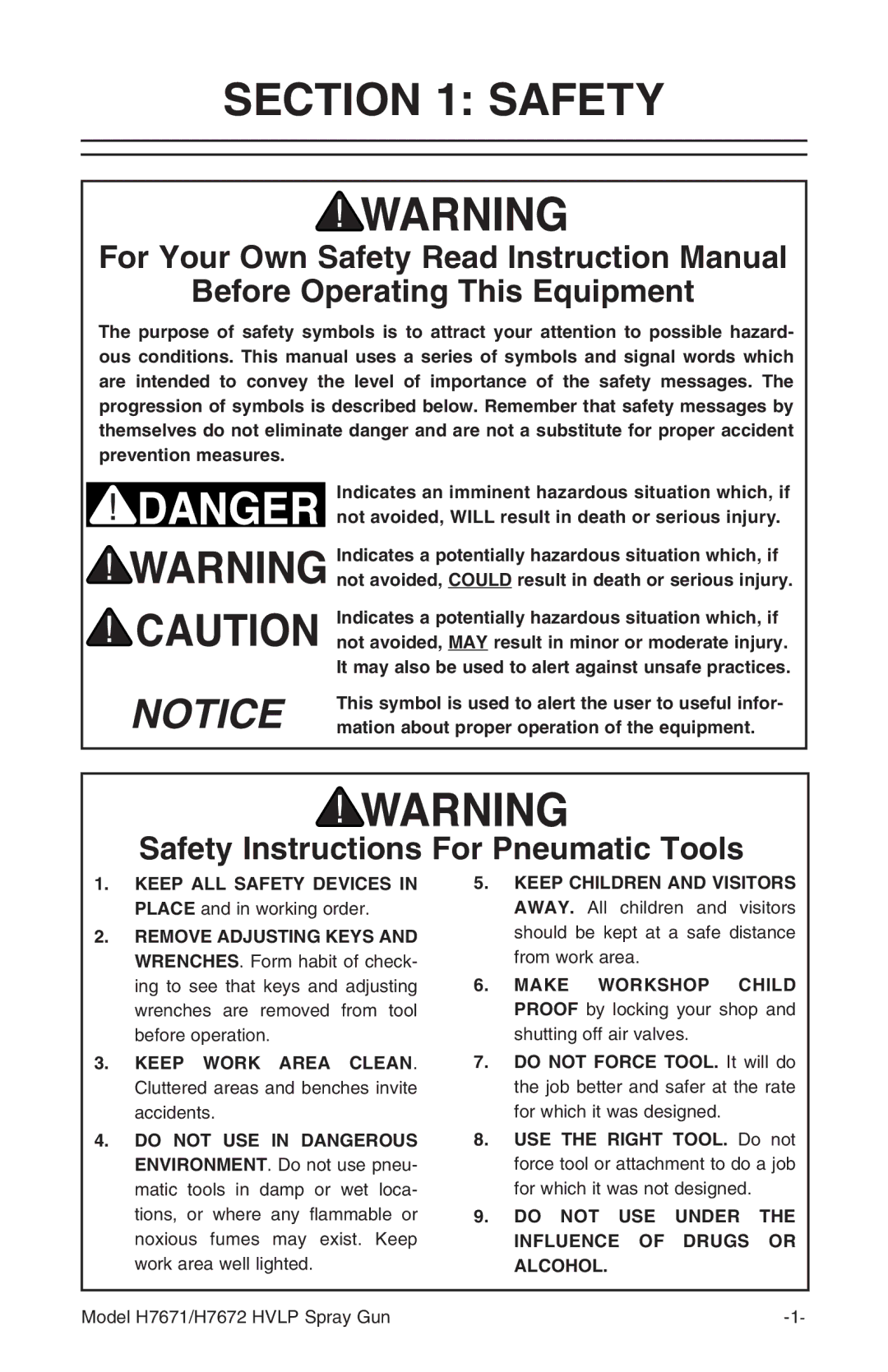 Grizzly H7671 instruction manual Before Operating This Equipment, Safety Instructions For Pneumatic Tools 