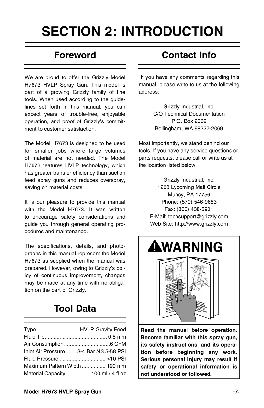 Grizzly H7673 instruction manual Introduction, Foreword Contact Info, Tool Data 