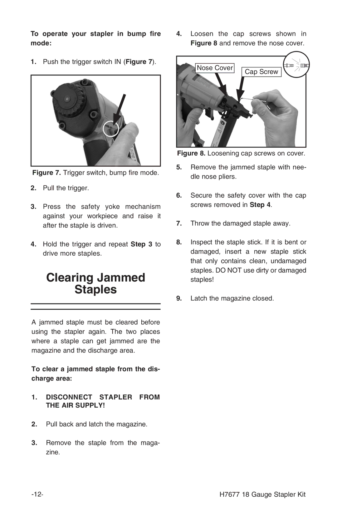 Grizzly H7677 instruction manual Clearing Jammed Staples 