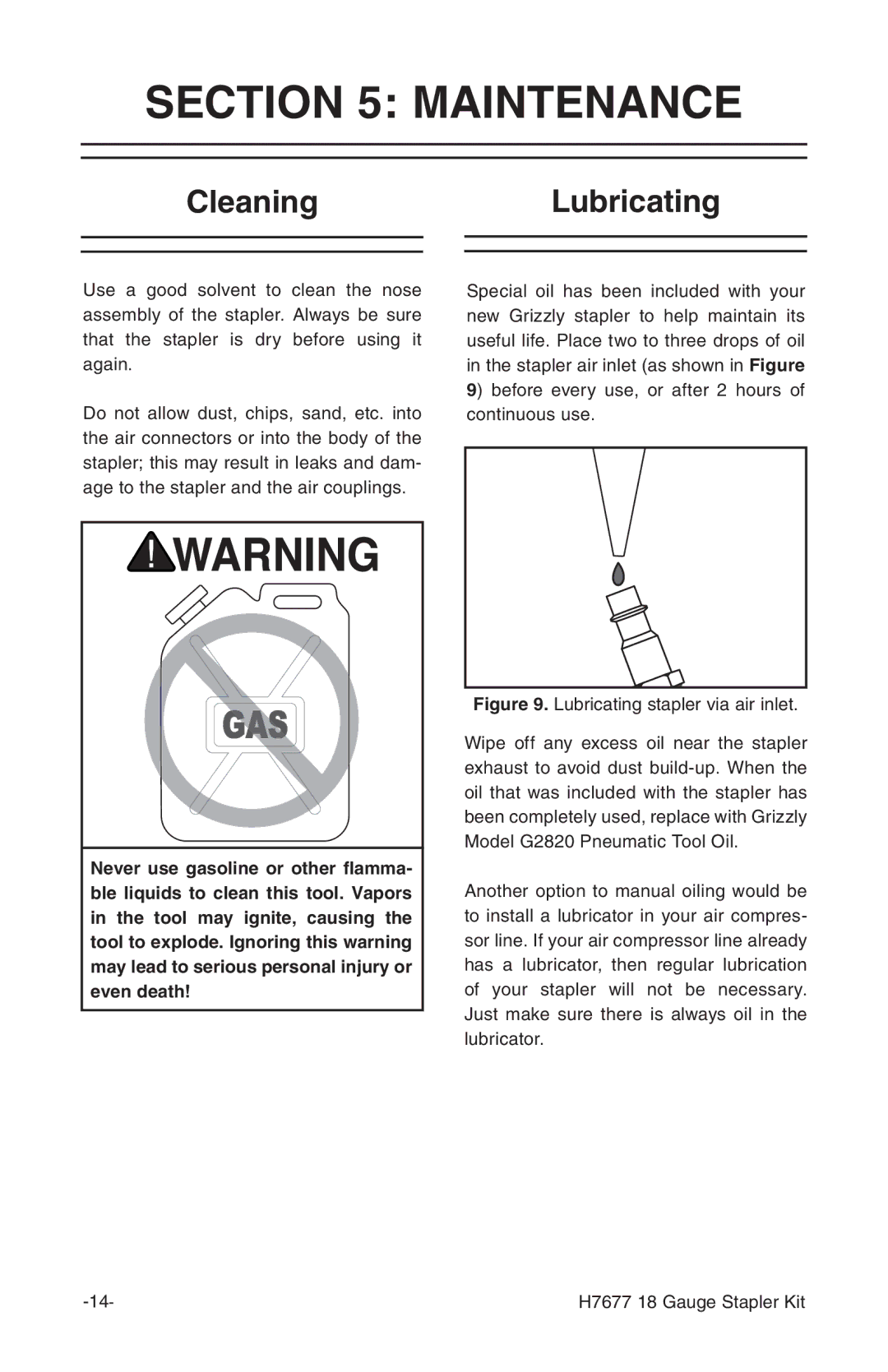 Grizzly H7677 instruction manual Maintenance, CleaningLubricating 