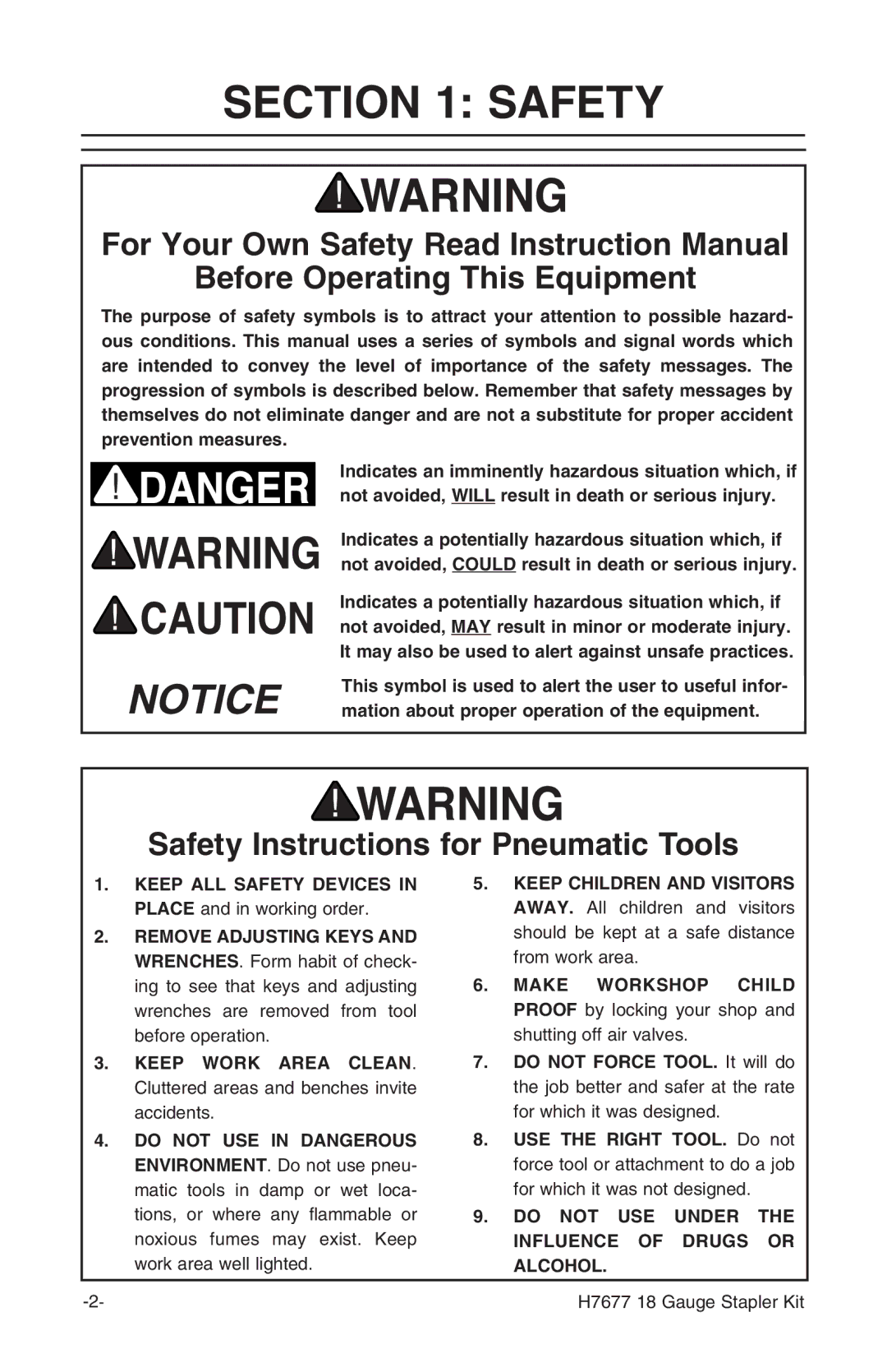 Grizzly H7677 instruction manual Before Operating This Equipment, Safety Instructions for Pneumatic Tools 