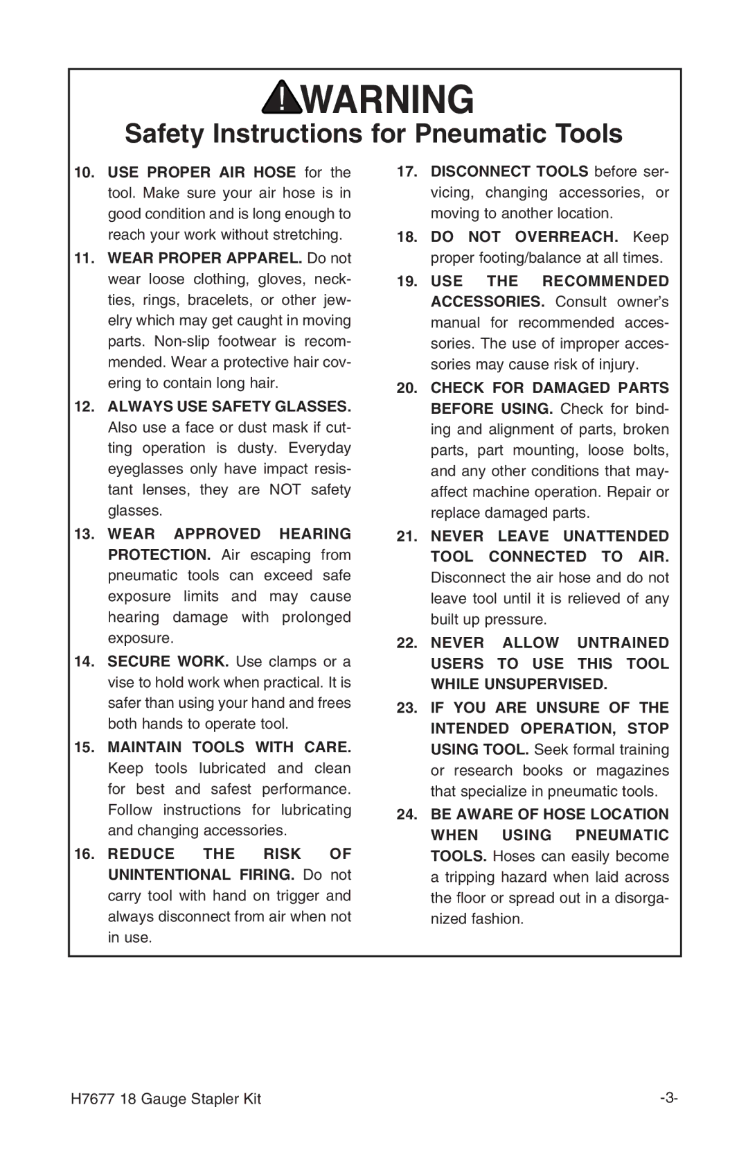 Grizzly H7677 instruction manual Safety Instructions for Pneumatic Tools 