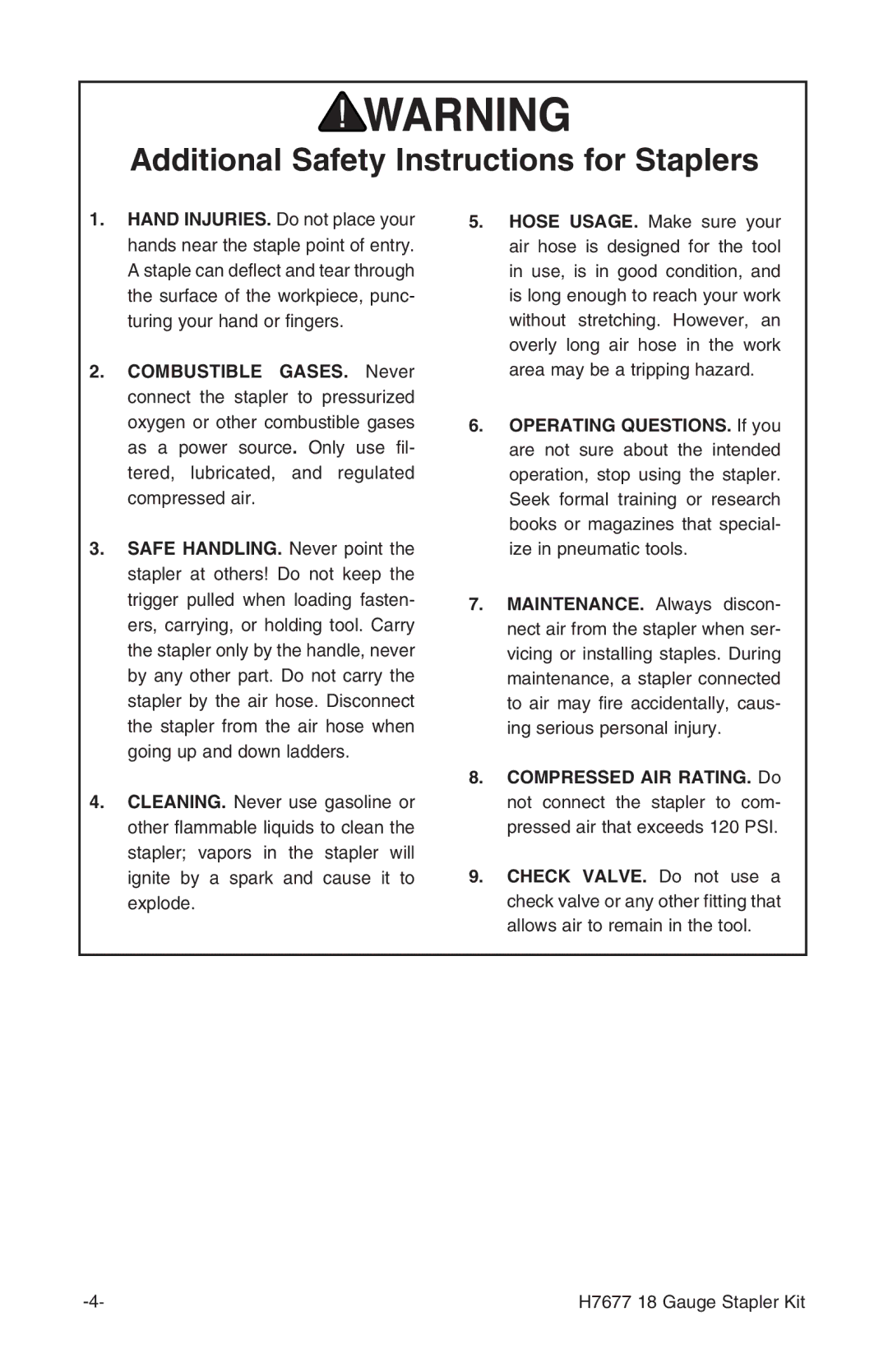 Grizzly H7677 instruction manual Additional Safety Instructions for Staplers 