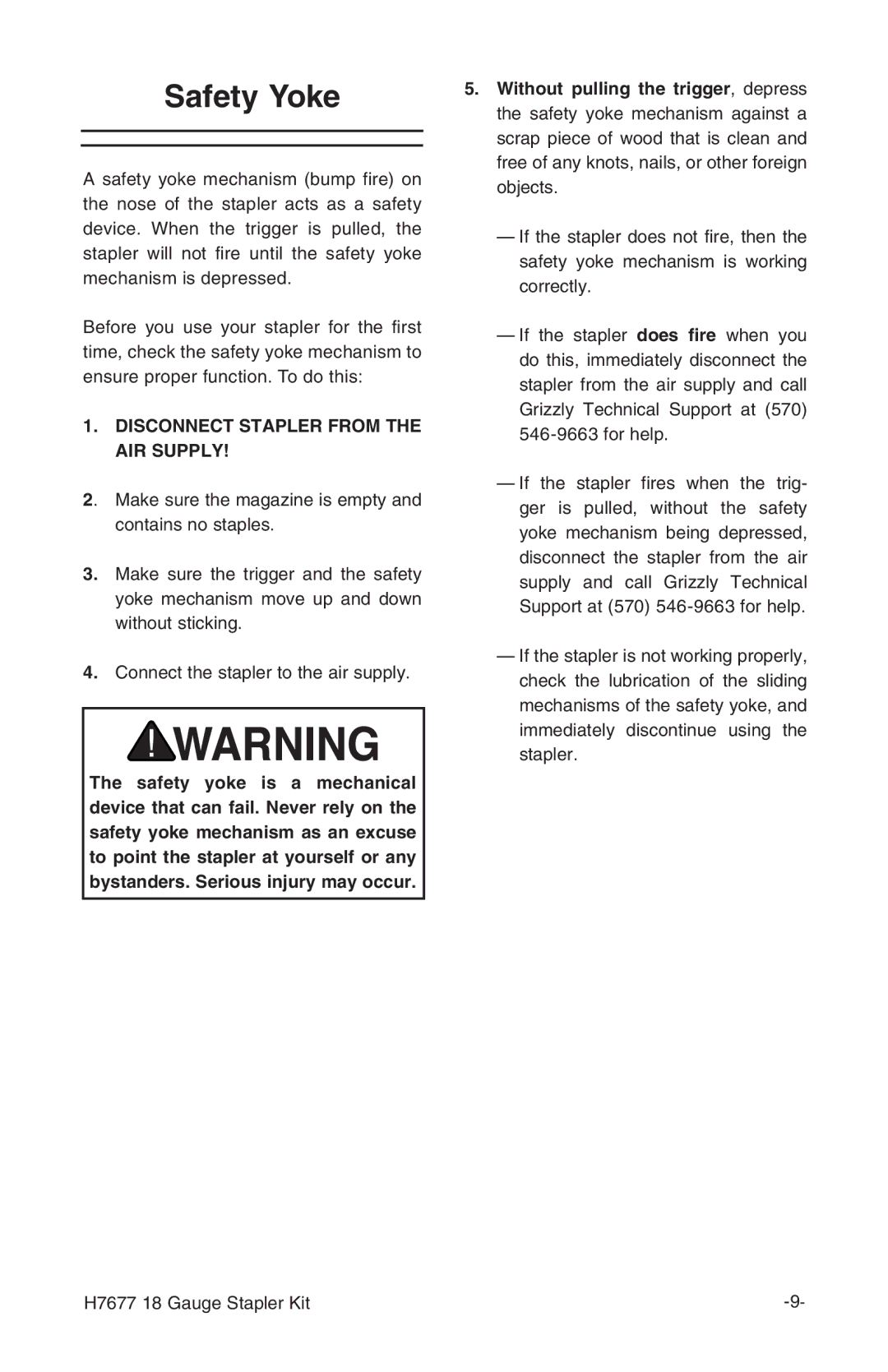 Grizzly H7677 instruction manual Safety Yoke, Disconnect Stapler from the AIR Supply 