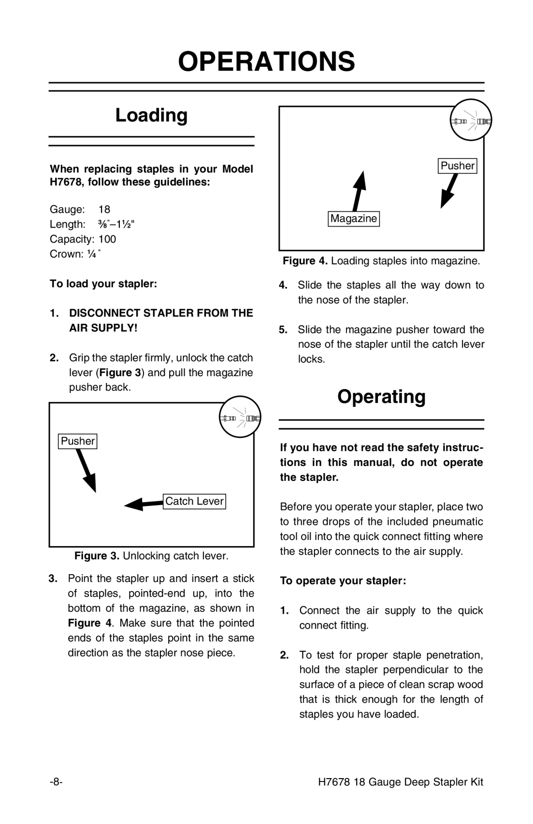 Grizzly H7678 instruction manual Operations, Loading, Operating 