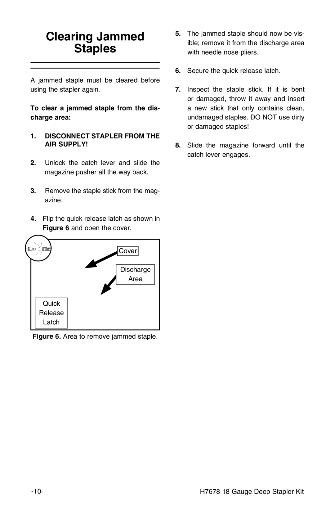 Grizzly H7678 instruction manual Clearing Jammed Staples 