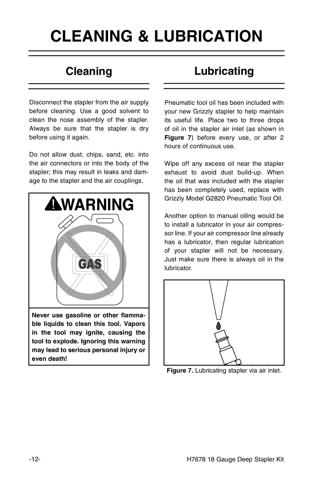 Grizzly H7678 instruction manual Cleaning & Lubrication, CleaningLubricating 