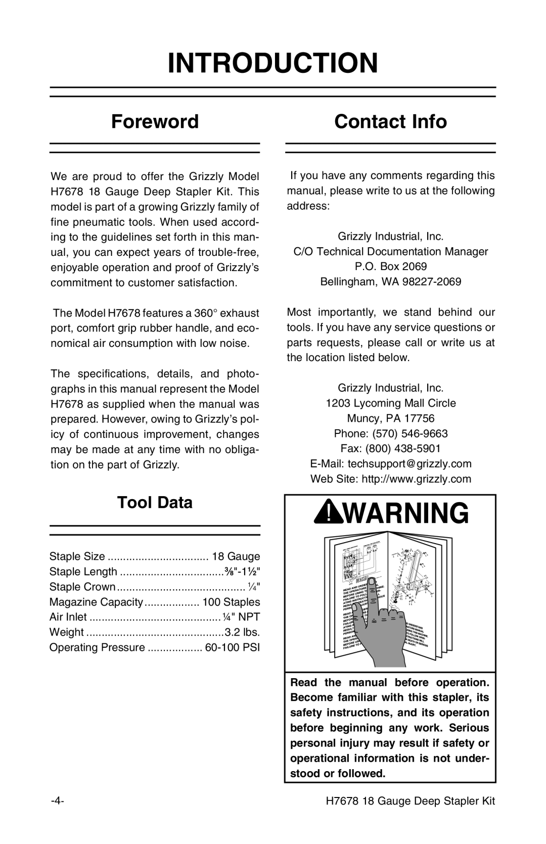 Grizzly H7678 instruction manual Introduction, Foreword, Contact Info 