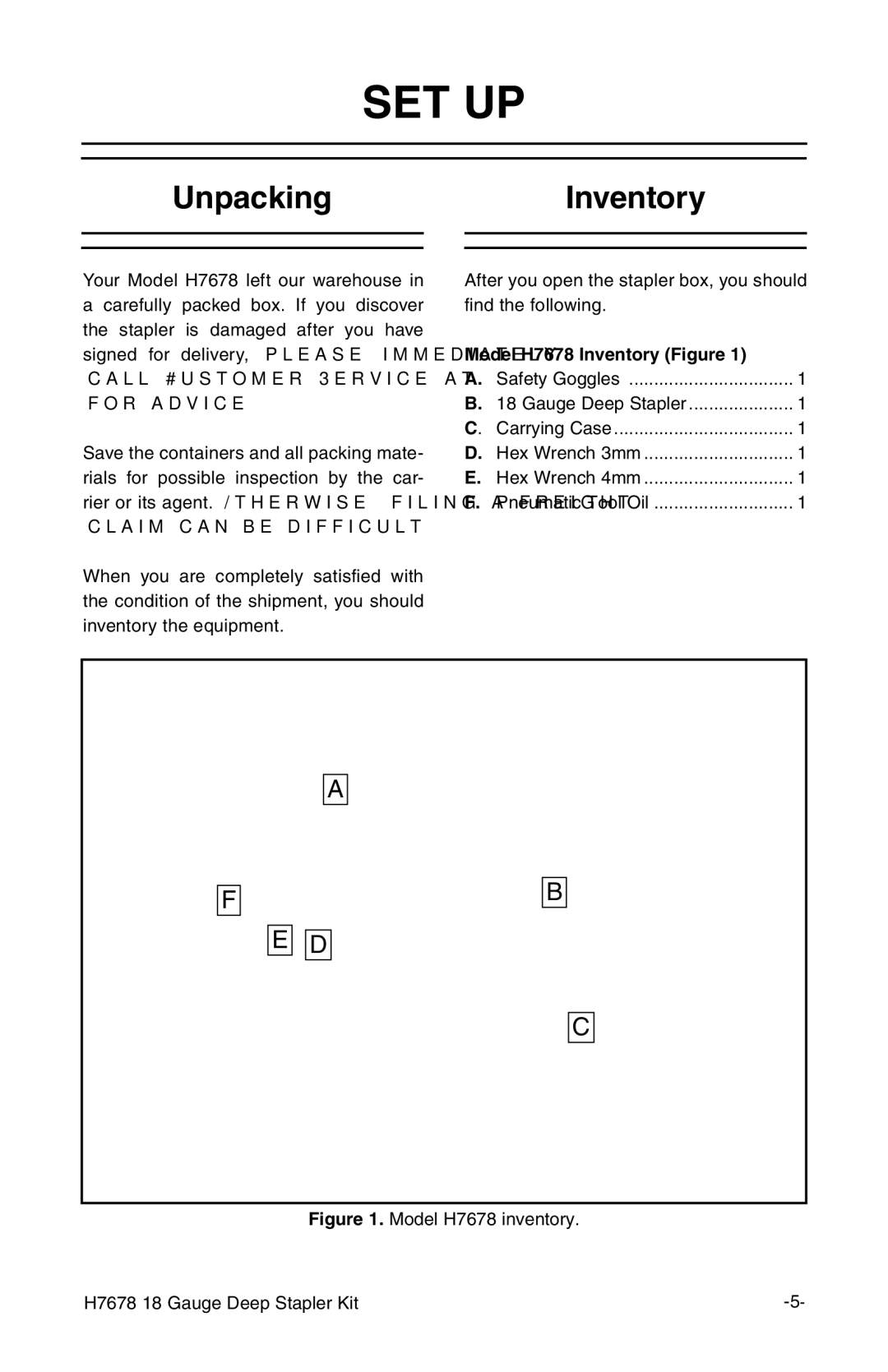 Grizzly H7678 instruction manual Set Up, UnpackingInventory 