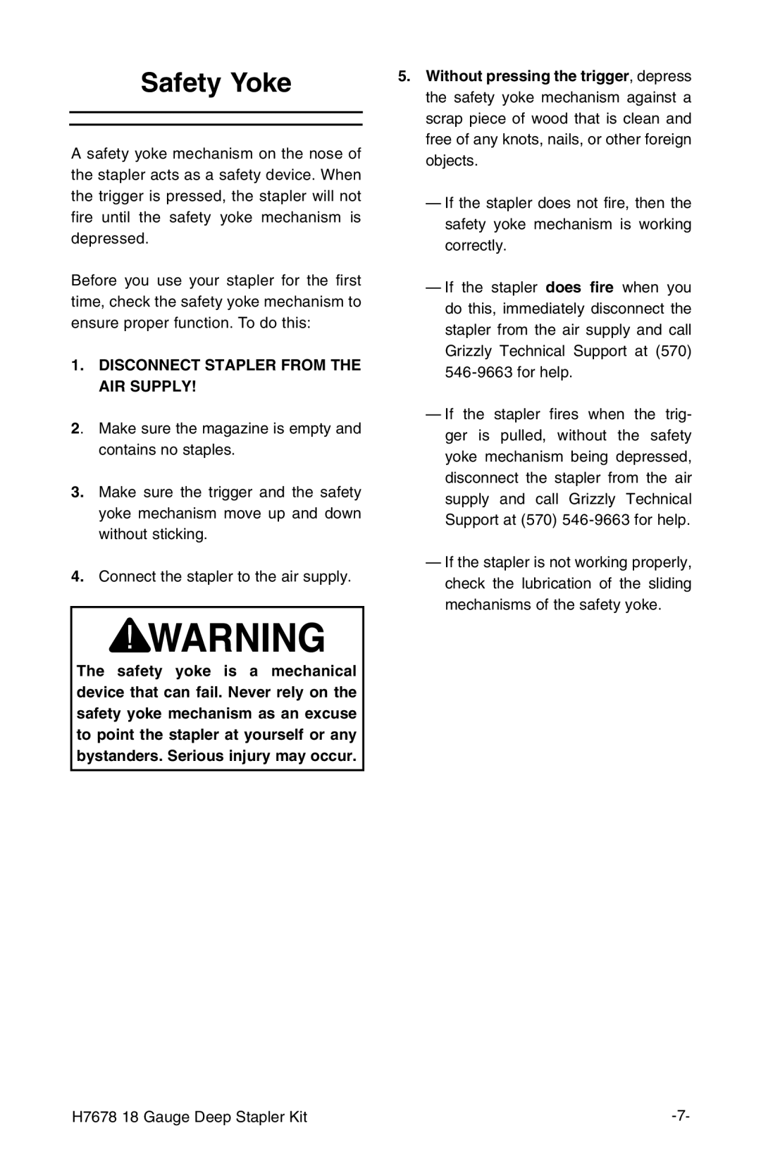 Grizzly H7678 instruction manual Safety Yoke, Disconnect Stapler from the AIR Supply 