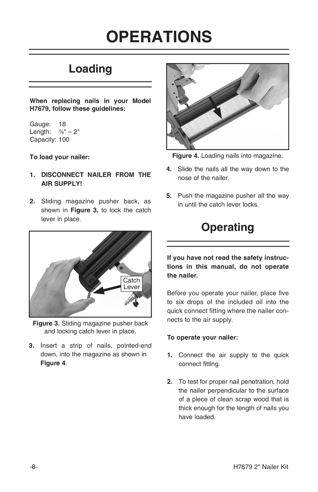 Grizzly H7679 instruction manual Operations, Loading, Operating 