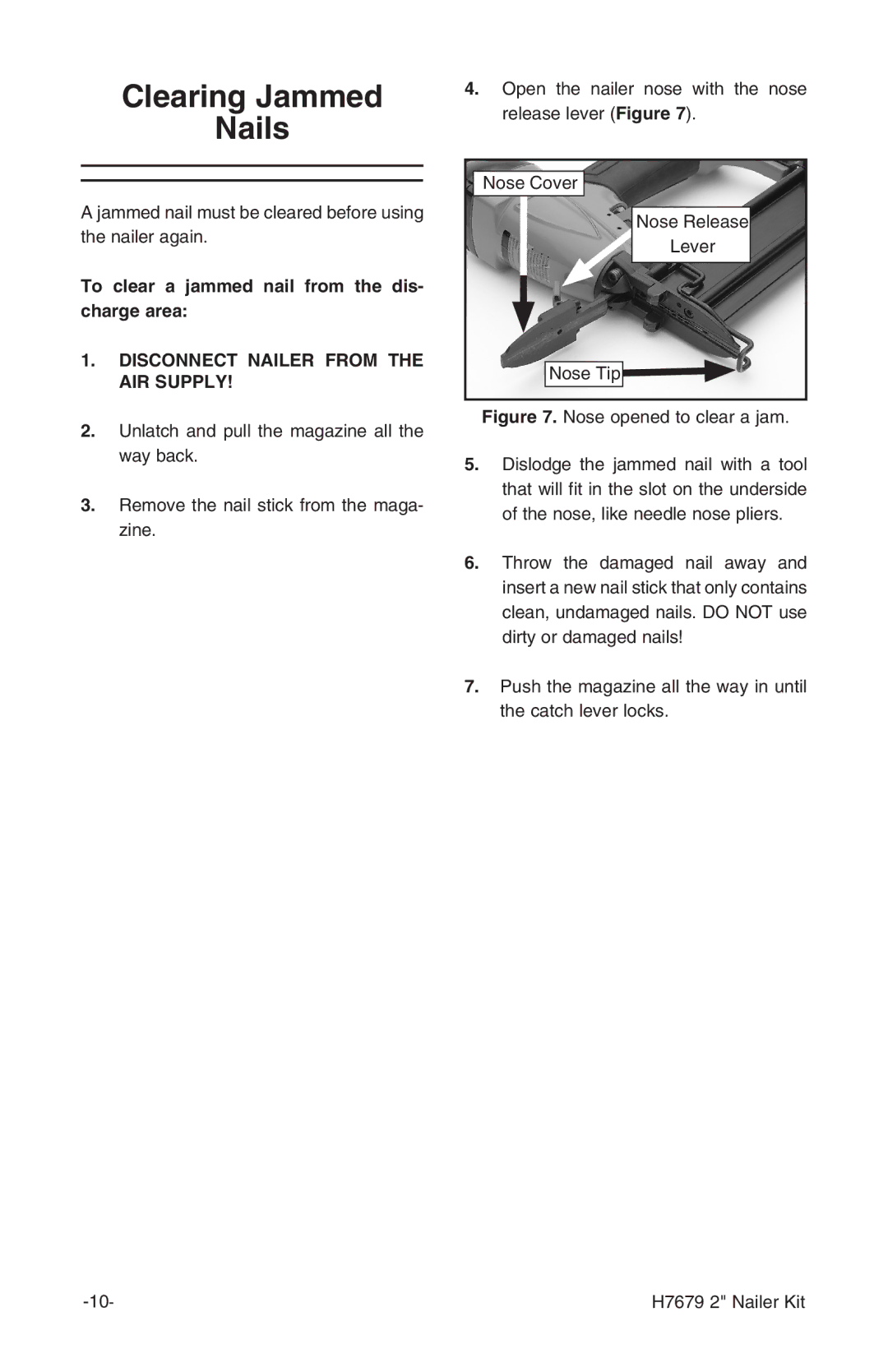 Grizzly H7679 instruction manual Clearing Jammed Nails 