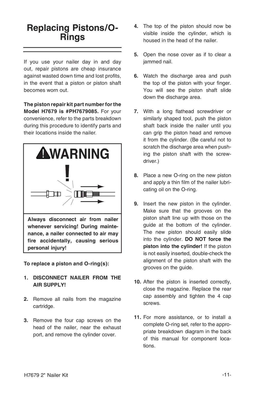 Grizzly H7679 instruction manual Replacing Pistons/O Rings 