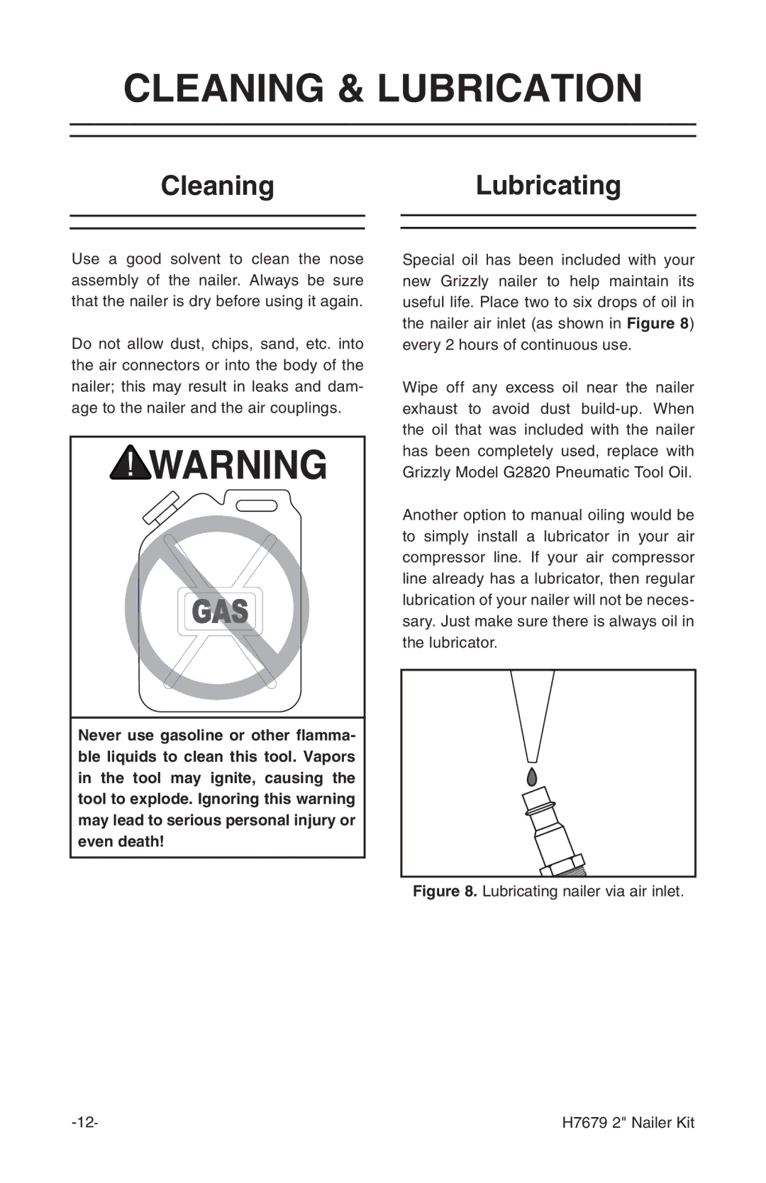 Grizzly H7679 instruction manual Cleaning & Lubrication, CleaningLubricating 